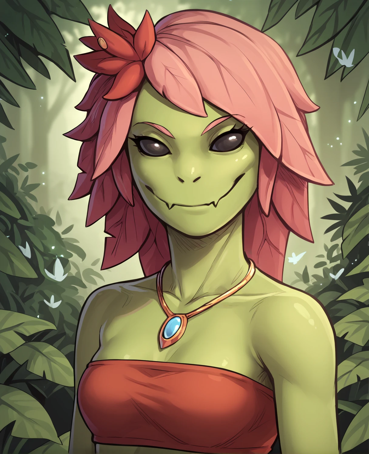 score_9, score_8_up, score_7_up, score_6_up, score_5_up, score_4_up, source_furry, source_anime, starbound, elemental creature, elemental humanoid, flora fauna, floran, humanoid, plant humanoid, breasts, black eyes, breasts, clothed, clothing, detailed background, eyelashes, female, green body, green skin, hair, jewelry, leaf, leaf hair, necklace, outside, pink hair, plant, plant hair, pseudo hair, skimpy, small waist, petite, slim, smile, solo, looking at viewer, bandeau, three-quarter portrait, upper body, smirk
<lora:floran_pdxl:1>