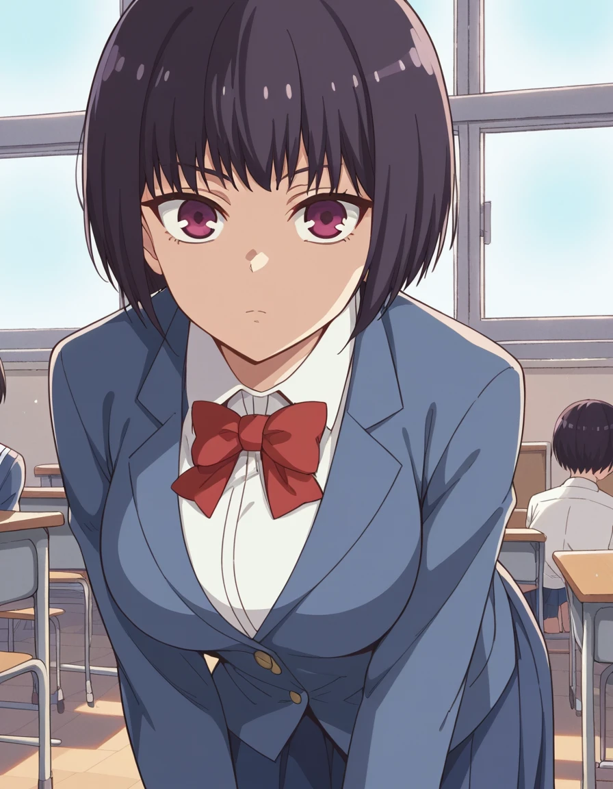 score_9, score_8_up, score_7_up, source_anime,
hanasunomiya, <lora:hana-sunomiya-s2-ponyxl-lora-nochekaiser:1>,
hana sunomiya, short hair, bangs, black hair, purple eyes, pixie cut, large breasts,
shirt, bow, school uniform, white shirt, collared shirt, bowtie, red bow, red bowtie, jacket, blazer, skirt, blue skirt,
indoors, classroom, bent over,
looking at viewer, cowboy shot, solo, dutch angle,