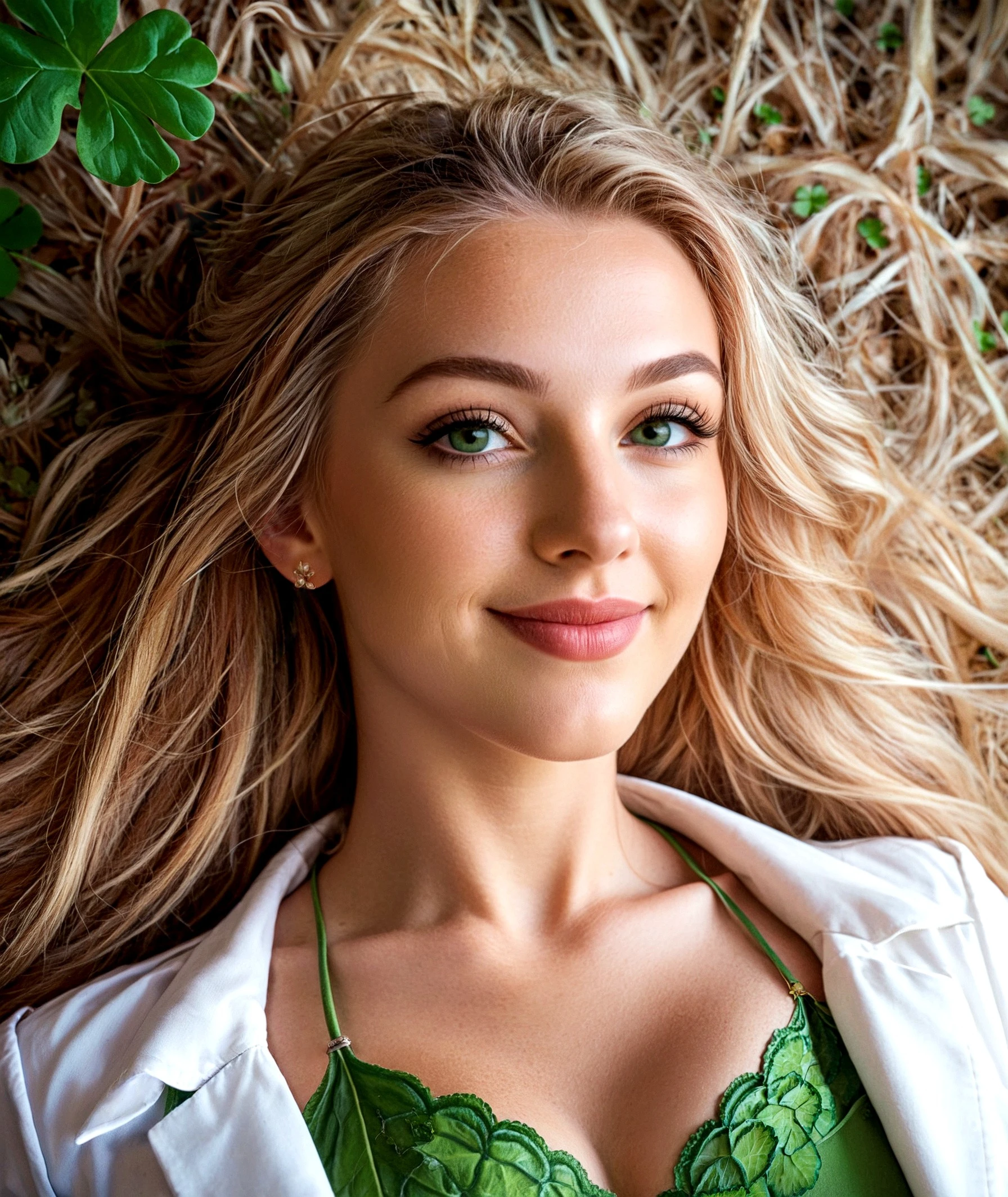 cinematic photo a 19 year old extremely cute irish readhead woman in a green crop top .lying on her back In a field of 4 leaf clover plants,smiling,rating_safe,cinematic,colorful background,concept art,8k,dramatic lighting,high detail,highly detailed,hyper realistic,intricate,intricate sharp details,octane render,smooth,studio lighting,trending on artstation.,cinematic  photorealistic,8k uhd natural lighting,raw,rich,intricate details,key visual,atmospheric lighting,35mm photograph,film,bokeh,professional,4k,highly detailed . 35mm photograph,film,bokeh,professional,4k,highly detailed