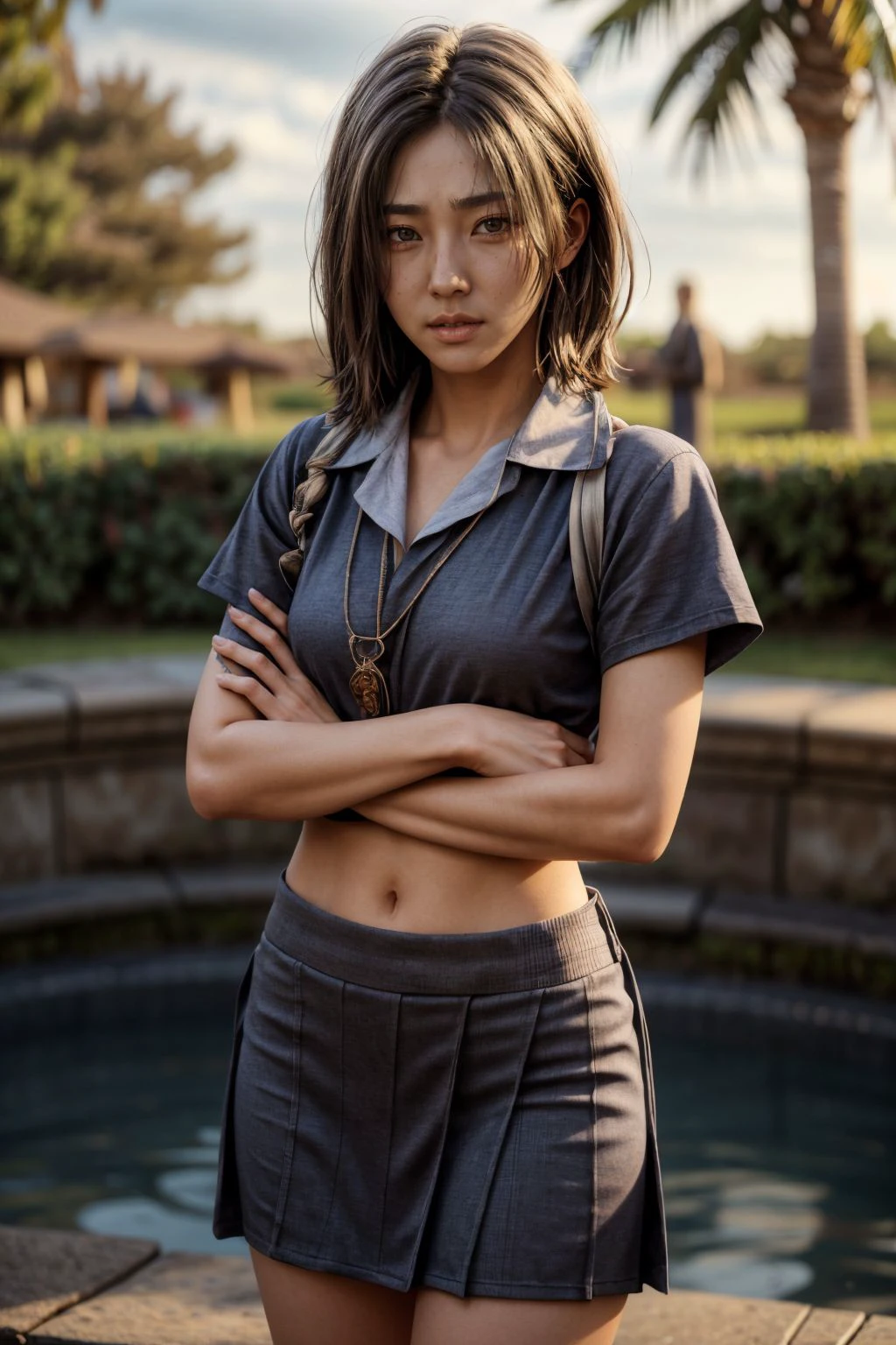 a professional photo of Naoe, close-up, short black hair, Standing with arms crossed over chest, wearing sexy school uniform, sexy, erotic, partially nude, fit body, at a fountain, (ultra detailed skin:1.3), (perfect eyes), (photorealistic:1.2),8k, dslr, (bokeh), ultra high res, 1girl  <lora:add_detail:1> <lora:Naoe_ACShadows:0.8>