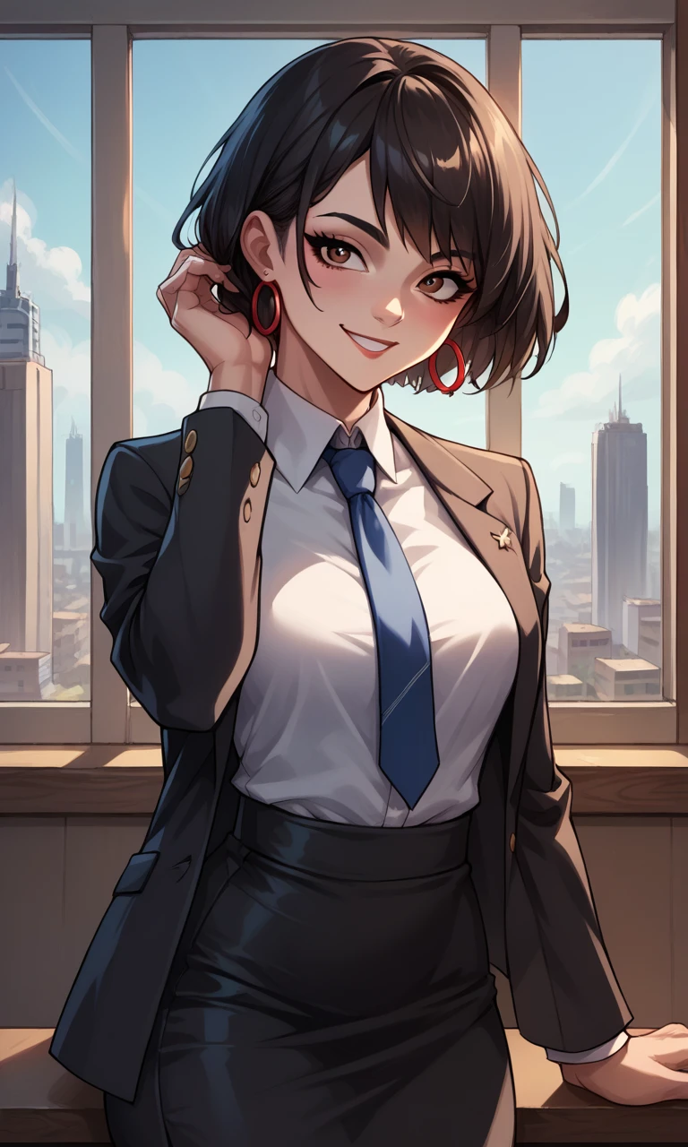 score_9, score_8_up, score_7_up, score_6_up, source_anime, BREAK masterpiece, EvieSyn, short hair, hoop earrings, brown eyes, large window, cityscape, suit, tie, jacket, pencil skirt, smile, adjusting hair, upper body, looking at viewer, 