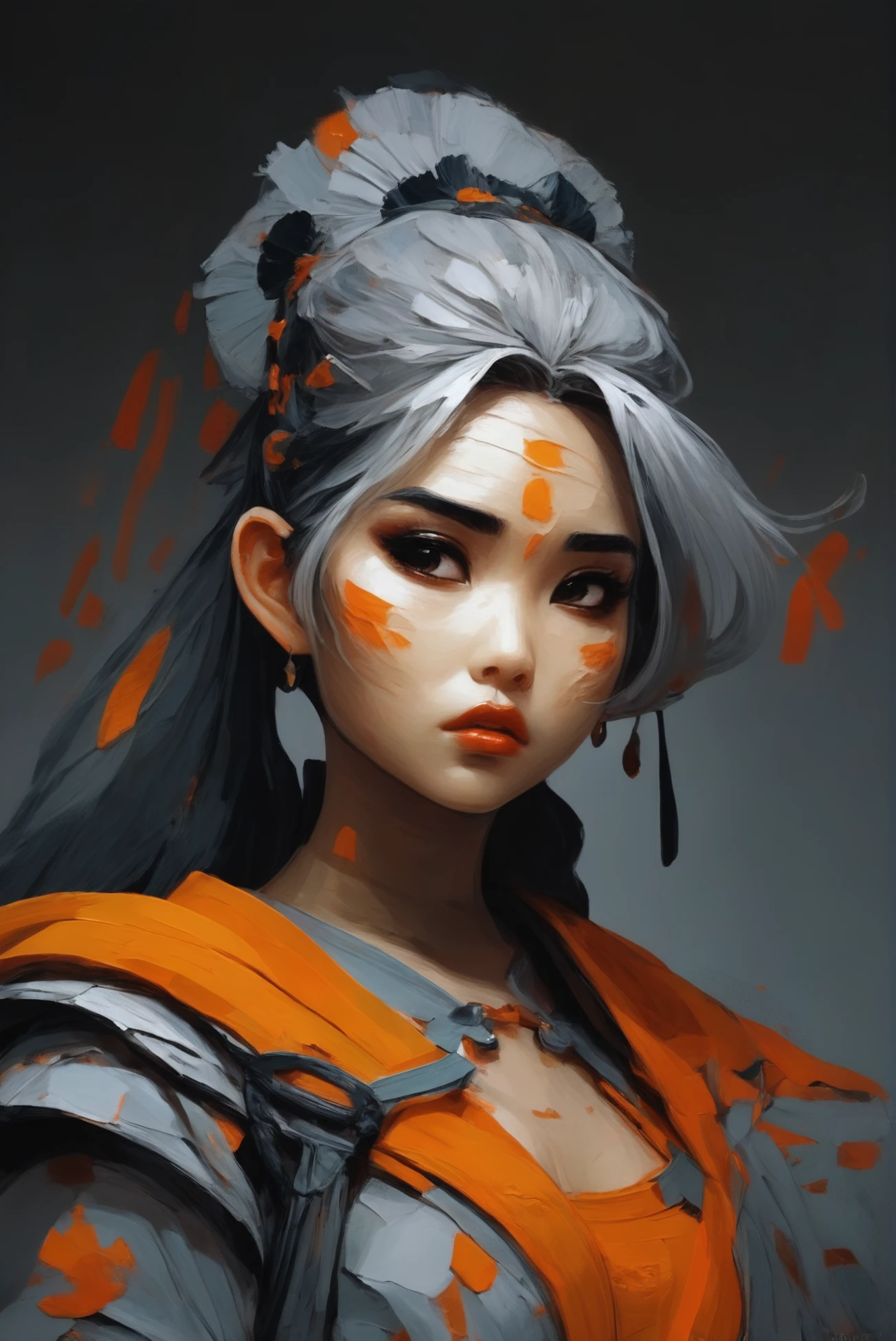 <lora:EnvyStarlightThickPaletteKnife02:1.6>oil painting, palette knife, thick brush strokes, warlike film noir, anime style, art deco tourism poster girl, 1girl, woman, gloating mountain celtic huntress, (muscular:1), fur armor, (warpaint:1), glimmering deep color:dimgray hair, Braided Bangsleather cape, crossed arms, bombshell hair, black hair with orange highlights, medium hair, average figure, korean, a ghostly fantasy mountainside city edge of time, masterpiece