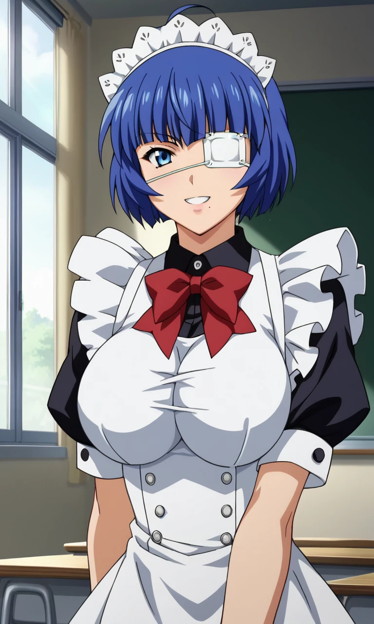 score_9, score_8_up, score_7_up,  source_anime, anime screencap,   intricate details,  <lora:ryomou_shimei:1> ryomoxl, short hair, ahoge, blue hair, medical eyepatch, one mole under mouth, blue eyes, large breasts, maid, maid headdress,  red neck ribbon, smile, looking at viewer, close-up, classroom