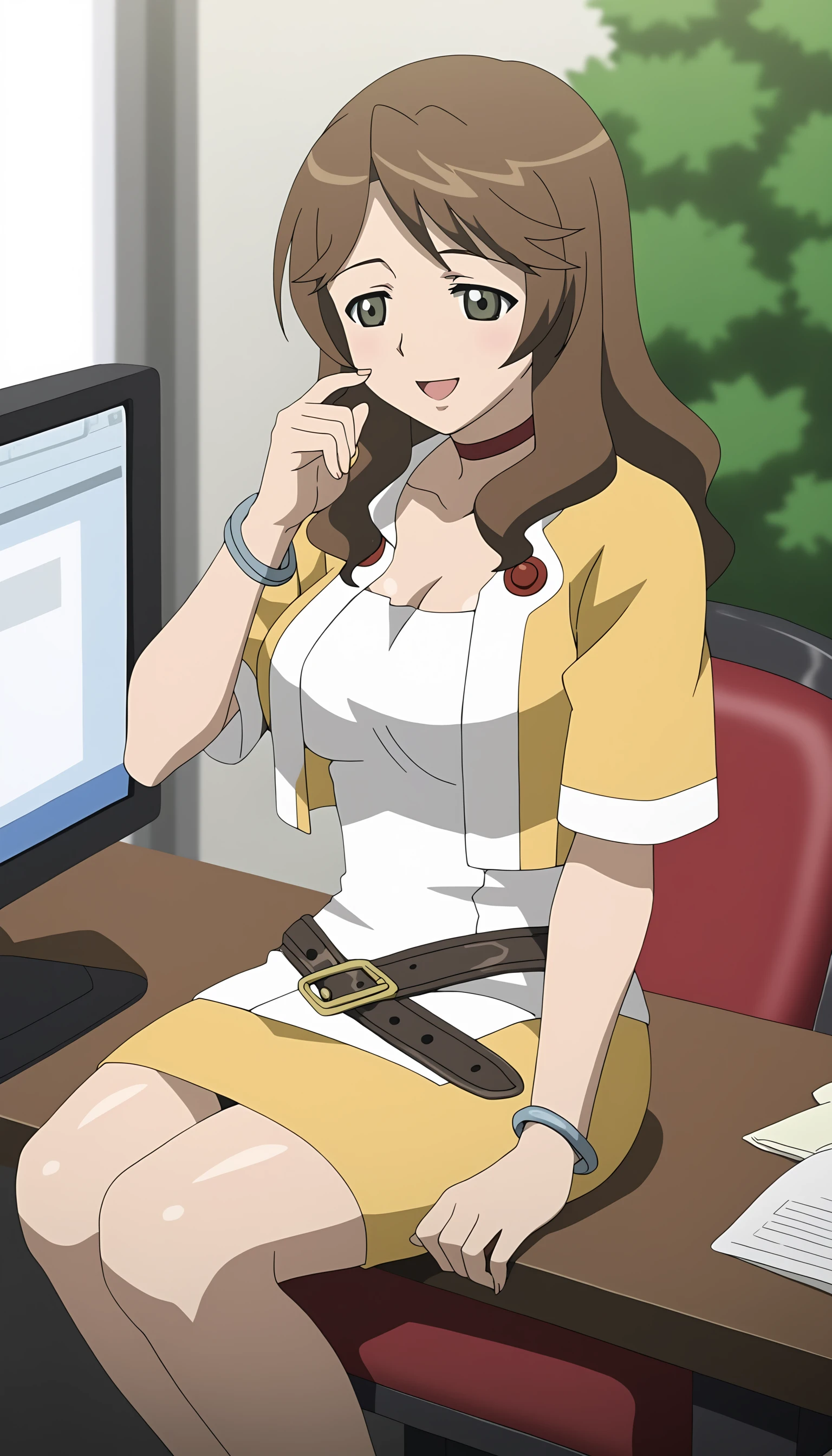 score_9, source_anime BREAK, oldest, anime screencap, indoors, day, table, monitor, chair tipping, sitting,   <lora:MirandaMaverick(Pony)-10:1>MirandaMaverick, 1girl, solo,  long hair, brown hair, choker, red choker, bracelet, grey bracelet, wristband, jacket, open jacket, multicolored jacket, short dress, white dress, short sleeves, belt, belt buckle, buttons, red buttons, pencil skirt,  (yellow skirt), pose,  open mouth, smile, 
nsfw, breasts, large breasts, cleavage, blush, looking at viewer, ((half-closed eyes)),