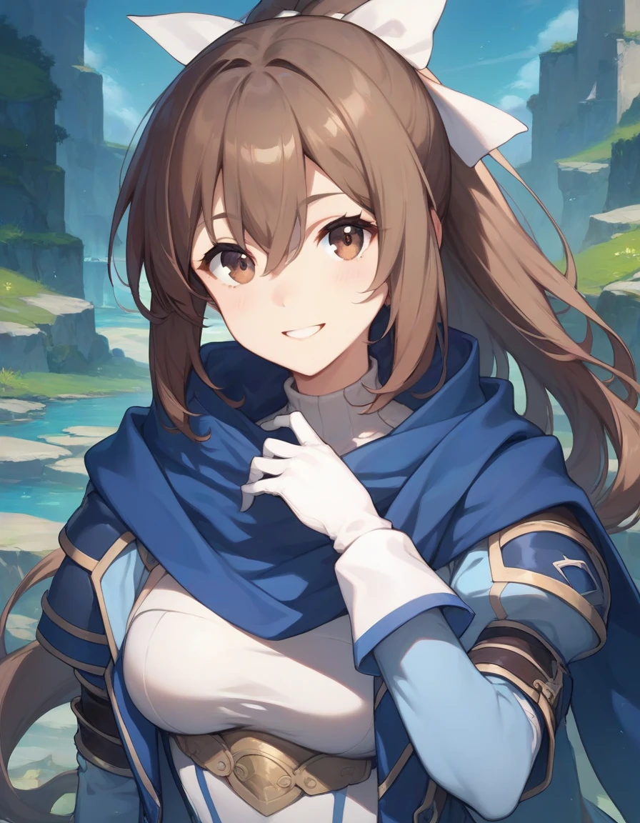 score_9,score_8_up,score_7_up,score_6_up,official art,solo,outdoors,upper body,(portrait:1.5),looking at viewer,facing viewer,smile,Sally,long hair,brown hair,high ponytail,hair bow,hair ribbon,white ribbon,hair between eyes,bangs,brown eyes,blue scarf,blue coat,open clothes,open coat,breastplate,white leotard,long sleeves,white gloves,medium breasts,skindentation,white belt,blue shorts,zettai ryouiki,white thighhighs,boots,blue footwear,<lora:Sally(bofuri)-Pony:1.4>,<lora:Smooth Anime Style LoRA XL>,