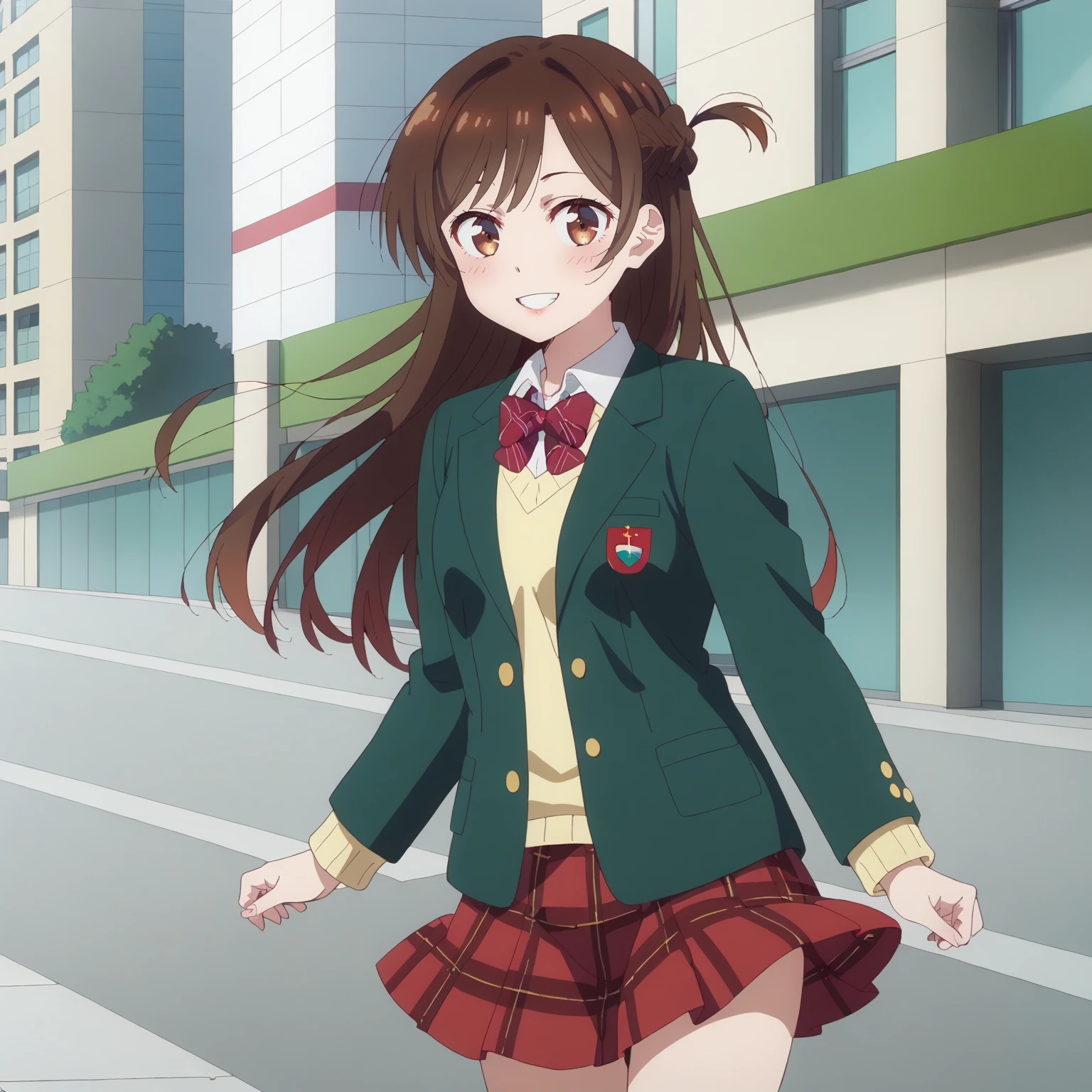 <lora:ChizuruIchinoseXLpony001>,
smile,parted lips,half-closed eyes,
solo,
ChizuruIchinose,1girl,brown hair,long hair,french braid,brown eyes,
school uniform,green jacket,yellow sweater,bowtie,
plaid skirt,red skirt,
outdoors,city,floating hair,