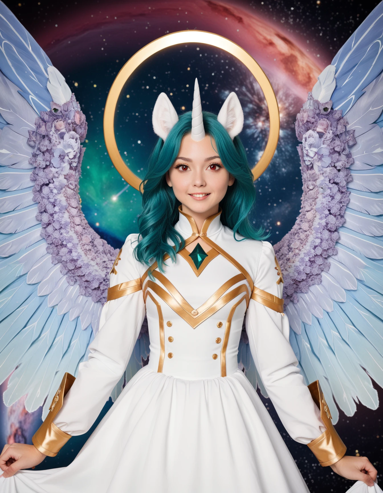 photo, (young:0.25) woman, teal hair, red eyes, white horn, white unicorn ears, white (large:0.85) wings, white dress with gold trim, long sleeves, (golden halo:0.9), looking at viewer, (smile:0.5), nebula background,