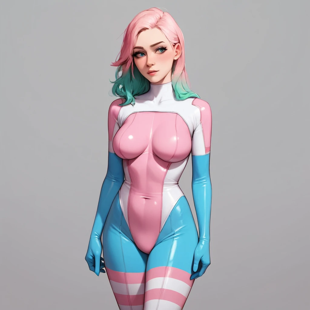 score_9, score_8_up, score_7_up, score_6_up,
1girl, futanari, multicolored hair, cowboy shot, facing viewer, transgender pride colors, bodysuit, latex bodysuit, (multicolored bodysuit,:1.3) white bodysuit, pink bodysuit, blue bodysuit, vertical-striped bodysuit, 
<lora:trans_colors-v1:1>