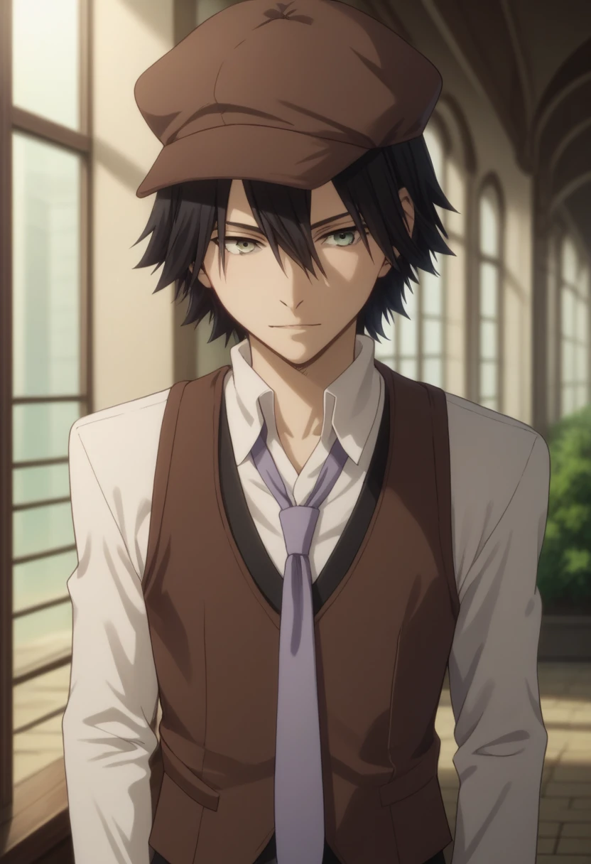 score_9, score_8_up, score_7_up, score_6_up, highly detailed, masterpiece, best quality,detailed,intricate details, amazing quality, best aesthetic, absurdres,source_anime,
 ranpo edogawa, black hair, 1boy, male focus, solo, hat, necktie, vest, cabbie hat, blue necktie, shirt<lora:EMS-398896-EMS:1.000000>