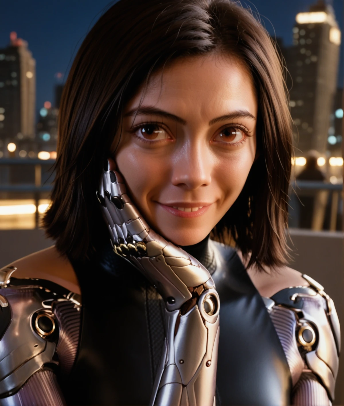 <lora:Alita:0.7> alita, cyborg, berserker body, upper body image, brown eyes, face photo, hyper detailed, 1girl, solo, black bodysuit, at night, city background, cyberpunk, hand on face, smile
sharp focus, score_9, score_8_up, score_7_up, score_6_up, score_5_up, score_4_up