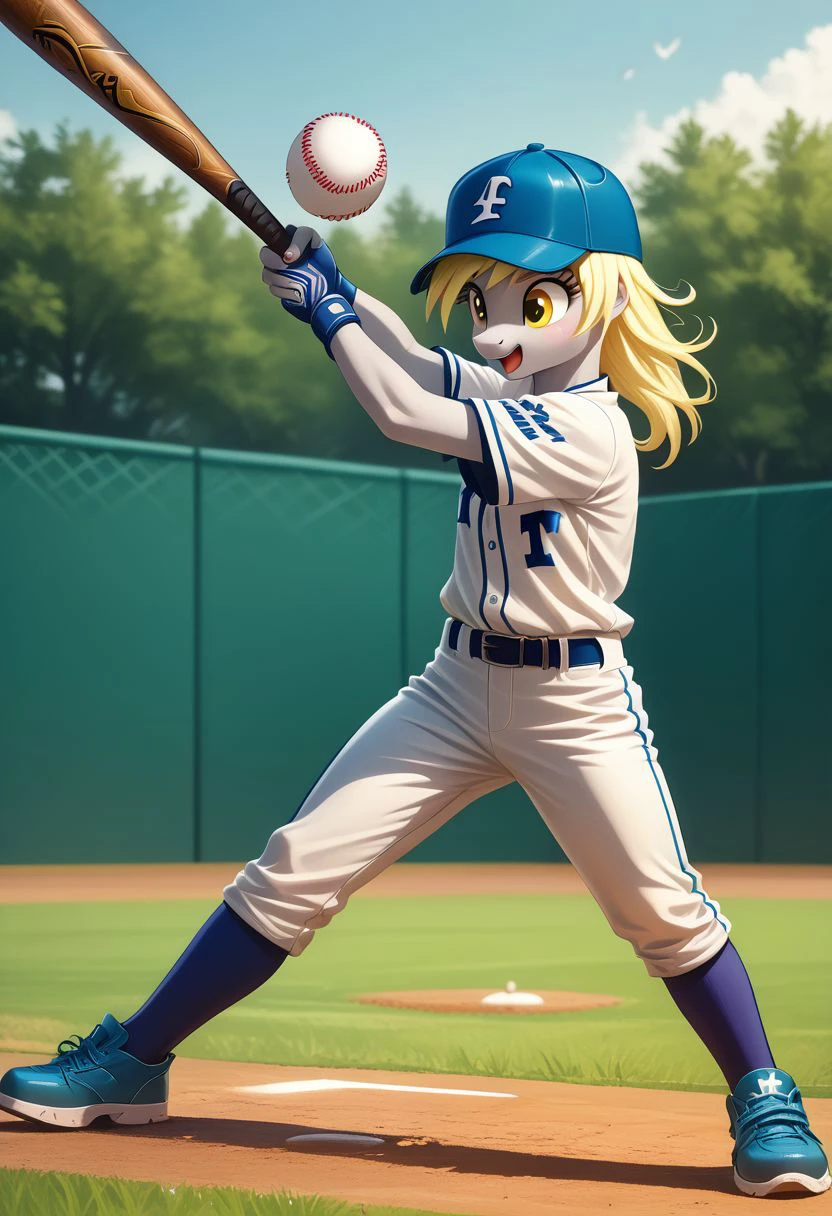 EnD_Niji_Sports, source_pony, Derpy Hooves playing baseball,  baseball cap, sportswear, white pants, baseball bat, baseball, baseball uniform, holding baseball bat, BREAK PonyXLV6_Scores