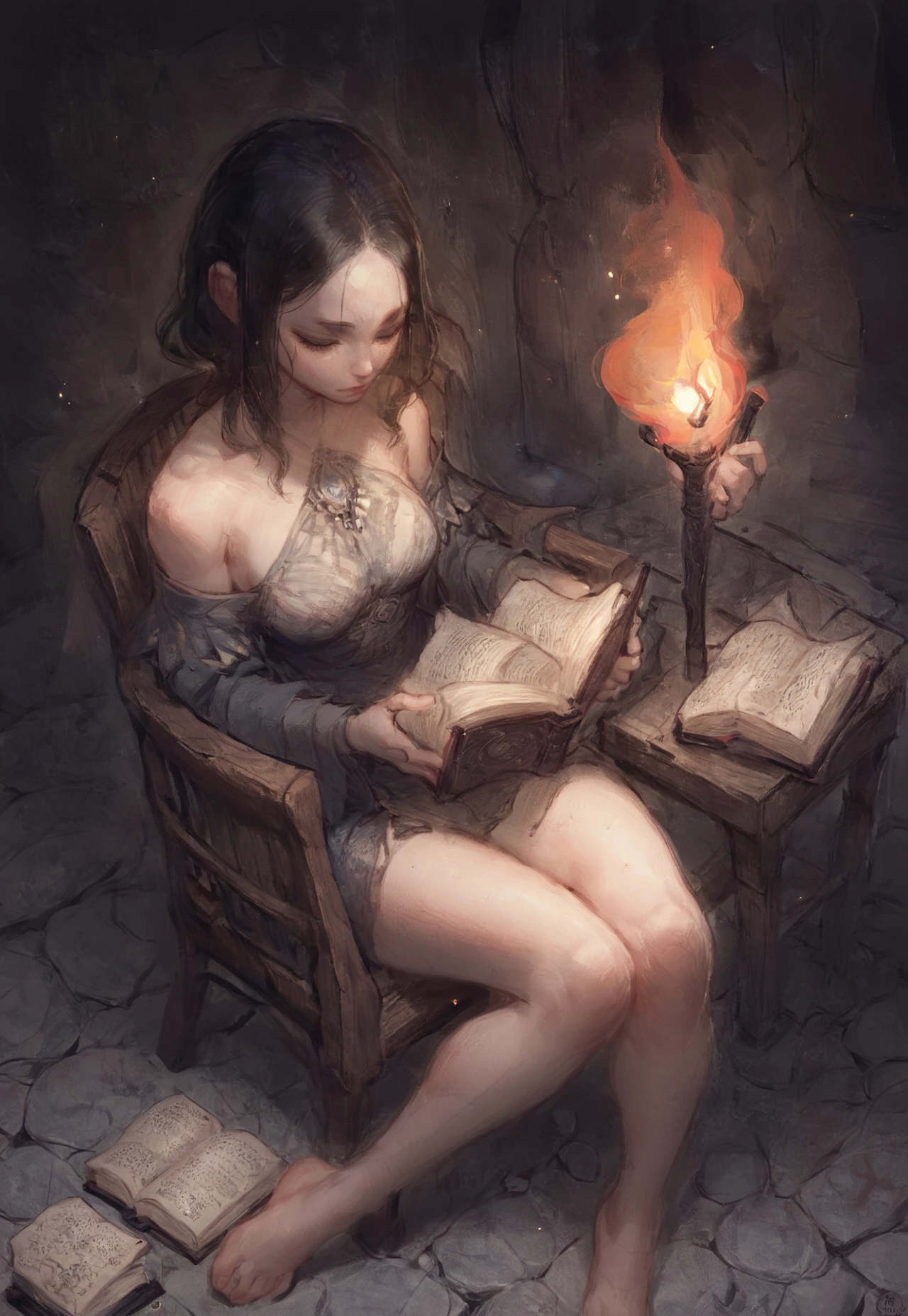 score_9, score_8_up, score_7_up, score_6_up, score_5_up, score_4_up, 1girl, medium breasts, underground, medium hair, black hair, stone floor, holding book, reading, sitting, chair, torch, wooden table, 
 <lora:Nat_The_Lich:1>