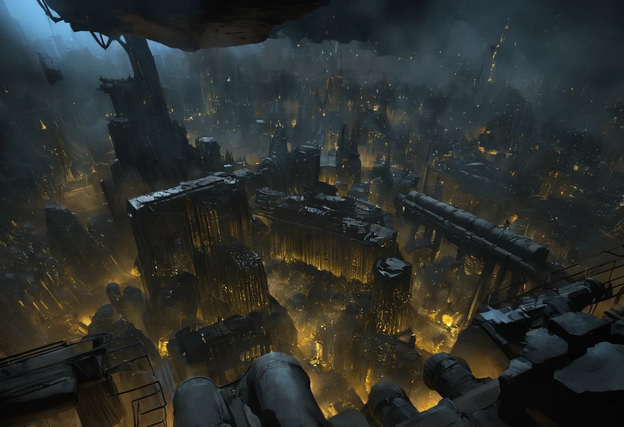 A 3D rendering of a hive city on the planet of Tertium. The city is made up of tall, narrow buildings that are covered in scaffolding and pipes. The buildings are lit by bright lights, and there is a large amount of smoke and pollution in the air. In the foreground of the image, there is a large statue of the Emperor of Mankind. The statue is made of bronze, and it is standing on a tall pedestal. By Joakim Ericsson.
 <lora:Hive-City:1>