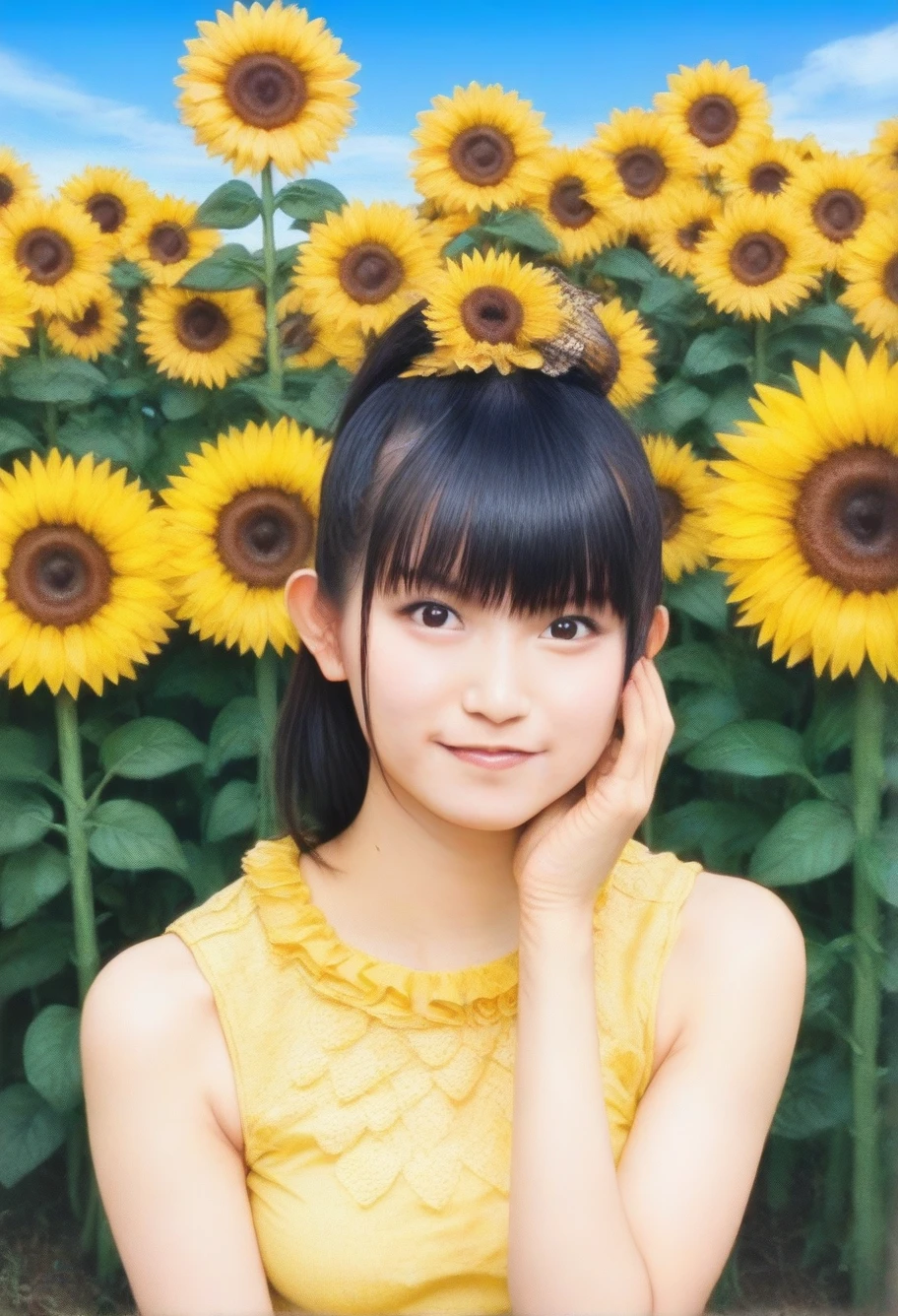 score_9,score_8_up,score_7_up,1girl, black hair, bangs, detailed face, looking at viewer,suzukaPNY,(smile:0.5),outdoors,sunflowers, wearing a yellow tank top,field, <lora:suzukaPNY:1>