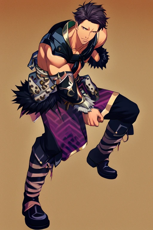 (masterpiece),(best_quality),1boy,Daiitoku,single shoulder armor,bare pectorals,fur-trimmed bracers,purple vest,leopard pelt,black pants,bandaged boots,<lora:Daiitoku:1>,