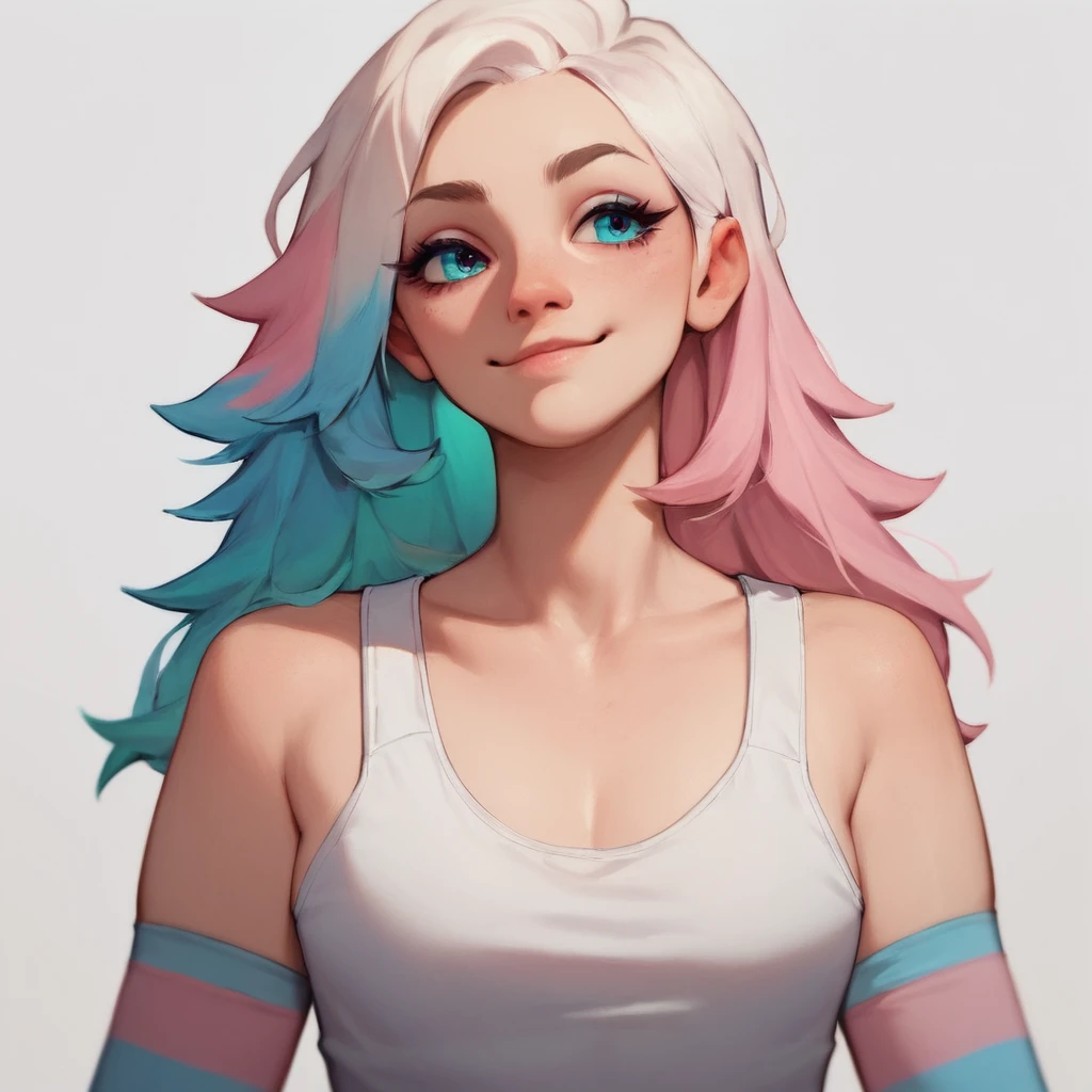 score_9, score_8_up, score_7_up, score_6_up,
simple background, white background, 
1girl, solo, long hair, white hair, pink hair, blue hair, upper body, breasts, light smile, transgender pride colors, tank top, multicolored clothes, trans shirt, trans elbow gloves,
 <lora:trans_colors-v15:0.8>