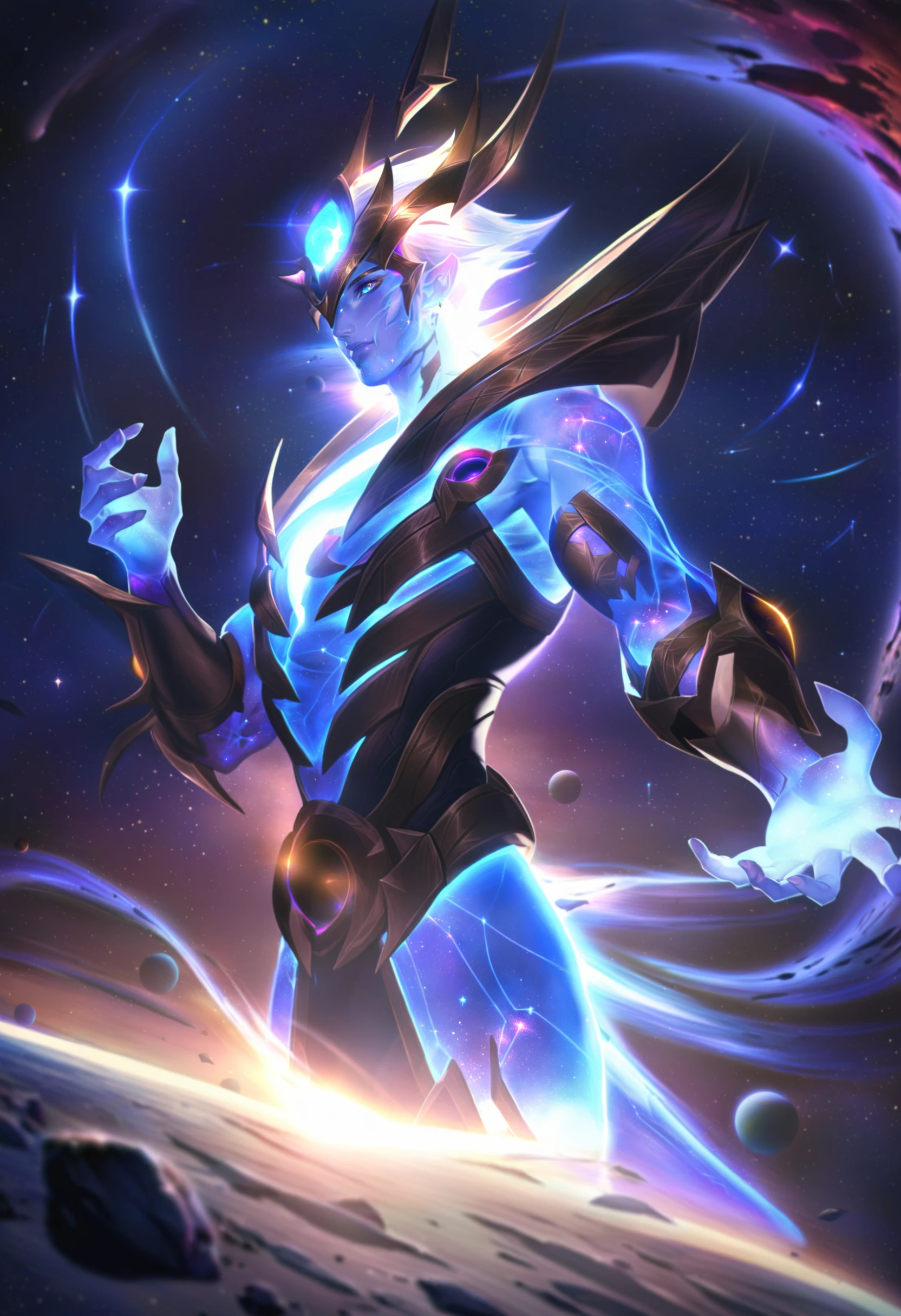 masterpiece, best quality, 1boy, male focus, solo, star \(sky\), space, galaxy, colored skin, sky, white hair, blue skin, starry sky, glowing, official alternate costume, outdoors
<lora:lolXLlokr4f-000174:0.95>