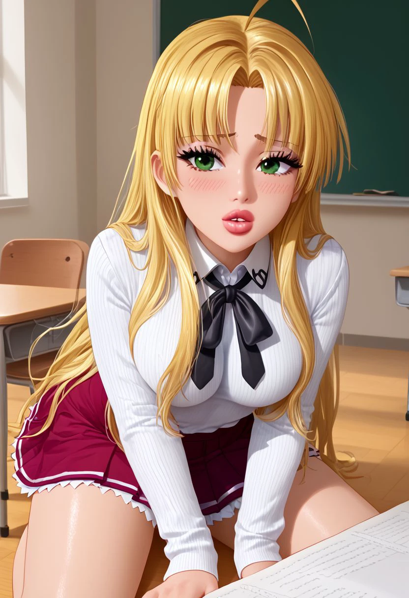 Masterpiece, best quality, high quality, highres, 4k, detailed face, Expressiveh, asia argento, blonde hair, green eyes, long hair, ahoge, parted bangs, medium breast, parted lips, shiny lips, lipgloss, gyaru, bmbplora, long eyelashes, kuohacademy, school uniform, black capelet, white shirt, black ribbon, neck ribbon, long sleeves, sweater, red skirt, pleated skirt, classroom, shy, blushing,