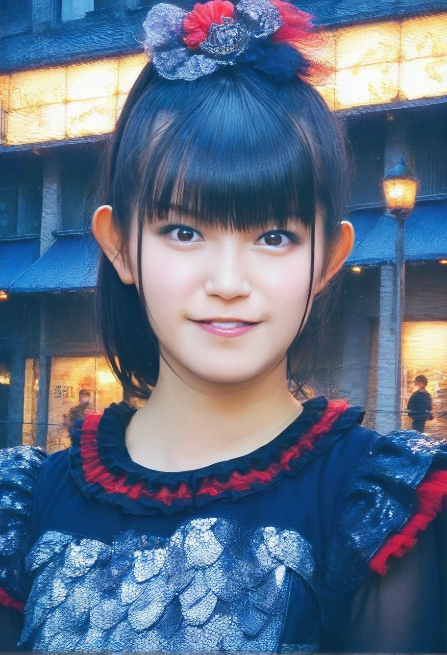 score_9,score_8_up,score_7_up,1girl, black hair, bangs, detailed face, looking at viewer,suzukaPNY,(smile:0.5),outdoors,city streets, wearing a dress ,night, <lora:suzukaPNY:1> close-up,