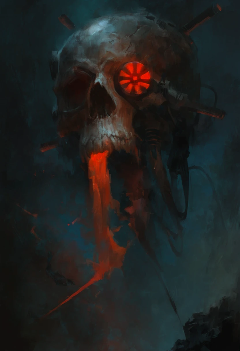 A digital painting of a servo-skull. The skull has a metallic appearance with a red eye and a mouth that is missing the lower jaw. It is surrounded by a red glow and blue. By Michal Grzeskow.
painterly \(style\), expressive brushstrokes, textured, gritty, atmospheric, grimdark, concept art, dynamic composition, impasto, distressed, layered, vivid colors, extremely detailed, mechanical parts,
 <lora:Servo-Skull:1>