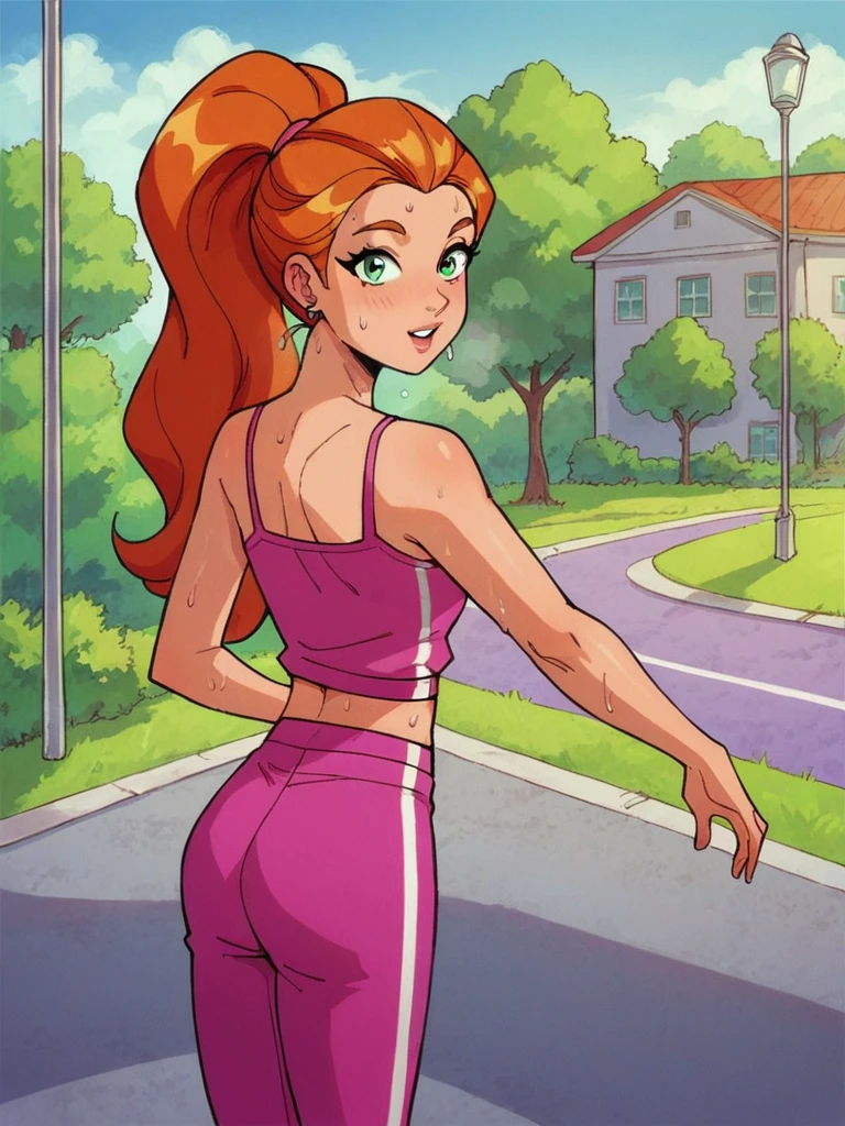 score_9, score_8_up, score_7_up, 
1girl, sam ts, long hair, orange hair, green eyes, ponytail,

outdoors, park, standing, sweat, looking at viewer,

pink camisole, pink yoga pants, vertical stripe,