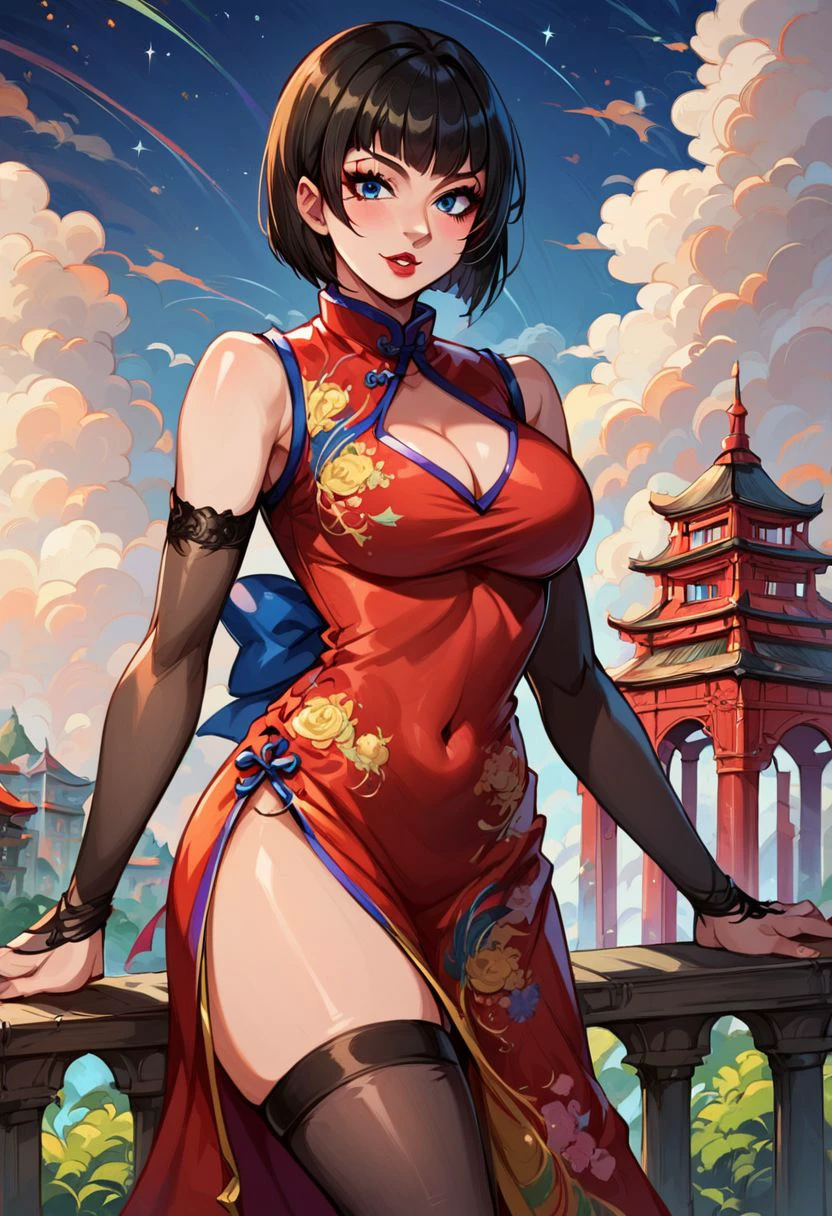 score_9, score_8_up, score_7_up,derpibooru_p_95, 
source_anime, very aesthetic, anime screencap, anime coloring, 
anna williams, anna williams \(tekken\), anna williams kimono \(tekken\), 1girl, solo, breasts, looking at viewer, blush, short hair, bangs, blue eyes, large breasts, black hair, thighhighs, dress, cleavage, bare shoulders, medium breasts, standing, thighs, cowboy shot, outdoors, parted lips, detached sleeves, sky, sleeveless, black thighhighs, cloud, blunt bangs, lips, clothing cutout, covered navel, makeup, sleeveless dress, chinese clothes, floral print, red dress, cleavage cutout, bob cut, lipstick, star (sky), china dress, pelvic curtain, side slit, starry sky, red lips, tower