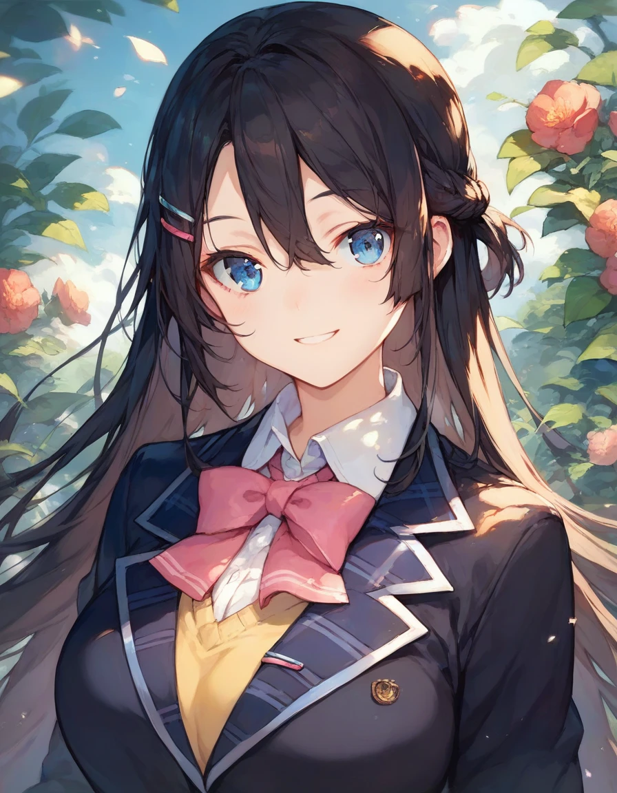 score_9,score_8_up,score_7_up,score_6_up,official art,solo,outdoors,smile,upper body,(portrait:1.5),looking at viewer,facing viewer,Tsukino Mito,very long hair,black hair,french braid,hair ornament,hairclip,hair between eyes,parted bangs,blue eyes,school uniform,black jacket,blazer,wing collar,pink bowtie,yellow sweater vest,white shirt,collared shirt,dress shirt,large breasts,skindentation,long sleeves,miniskirt,black skirt,plaid skirt,pleated skirt,frilled skirt,zettai ryouiki,white thighhighs,loafers,<lora:Tsukino Mito(vl)-Pony>,<lora:Smooth Anime Style LoRA XL>,