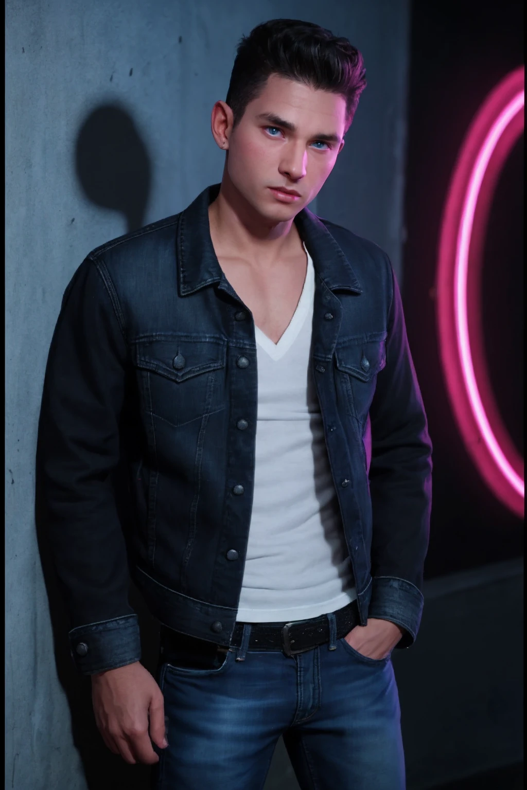 male focus, vadimperson <lora:Vadim_epoch_5:0.8>, wearing a black jean jacket and jeans, standing outside of a nightclub, leaning against a wall, film noir, neon lights