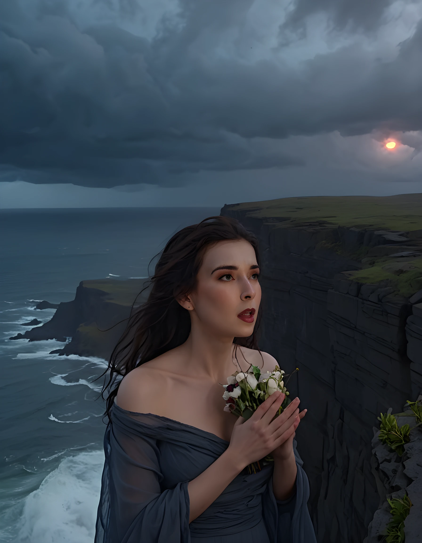 Jade, a woman with brown eyes and parted lips, stands alone on the edge of a craggy cliff, her gaze fixed on the storm-tossed sea below as if lost in thought. Her long, dark hair cascades around her like a waterfall of midnight silk, framing her delicate features and highlighting the raw emotion that plays across her face. One hand grips the edge of the cliff with a fierce determination, while the other clutches a bouquet of wilted flowers to her chest, her fingers trembling slightly as she holds them close. The wind howls around her like a thousand whispered secrets, but she remains unwavering, a solitary figure against the backdrop of the setting sun and the ominous clouds above.