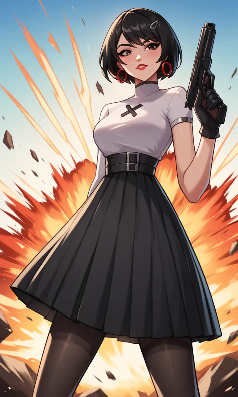 score_9, score_8_up, score_7_up, score_6_up, source_anime, BREAK masterpiece, EvieSyn, short hair, hoop earrings, brown eyes, white turtleneck, black skirt, gloves, asymmetrical sleeves, long sleeve, short sleeve, pantyhose, explosion, holding gun, gun, looking at viewer, 1girl,