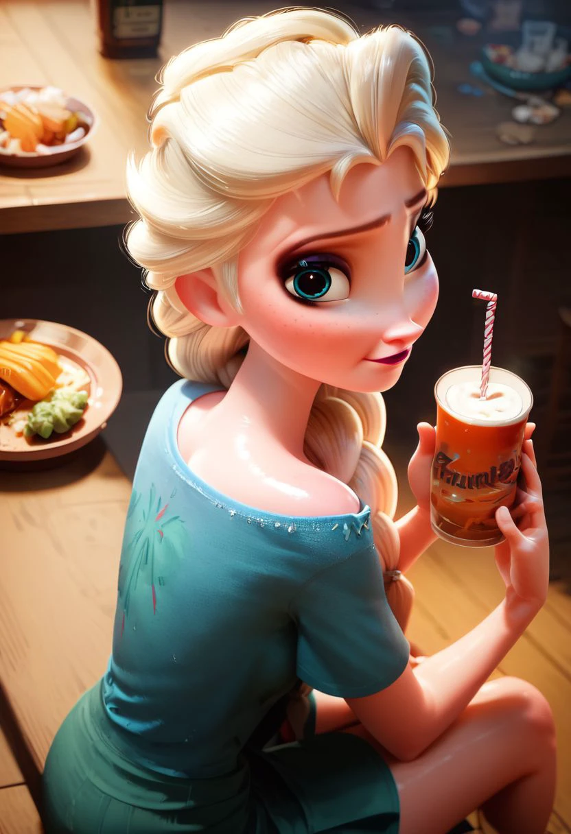 score_9, score_8_up, score_7_up,   
1girl, Elsa, Disney, \(Frozen\)/,(ultra HD quality details), blue eyes, blonde hair, single braid, single braid over shoulder, casual denims, fitted t-shirt,
cute girl, shiny skin, beautiful eyes BREAK japanese bar, drinks, food, sitting on a chair, back view, looking back at viewer, high angle perspective,