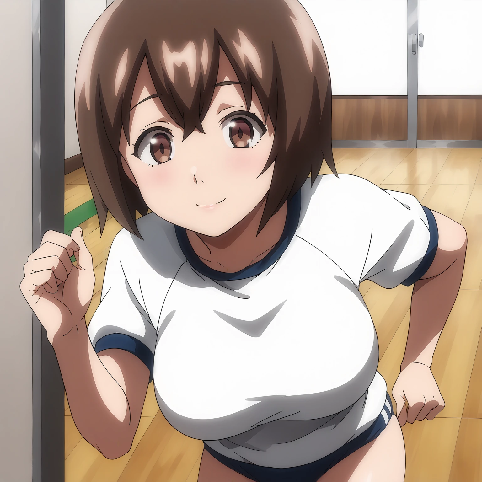 <lora:KomusumeXLpony001>,
looking at viewer,smile,
solo,
Komusume,1girl,brown hair,short hair,brown eyes,
large breasts,
gym shirt,white shirt,
buruma,