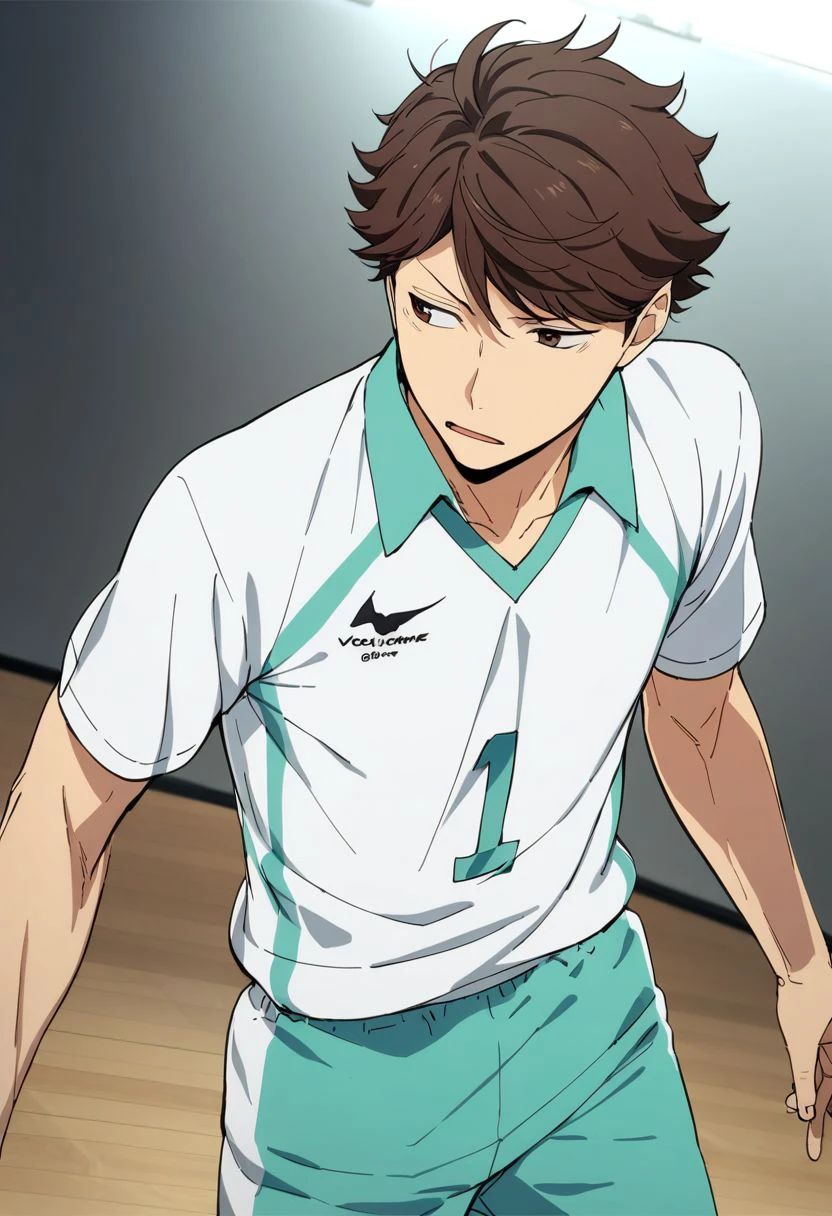 1boy, solo, male focus, oikawa_tooru, volleyball uniform, white shirt, short sleeves, aqua shorts, (SuperQuality), best quality, masterpiece