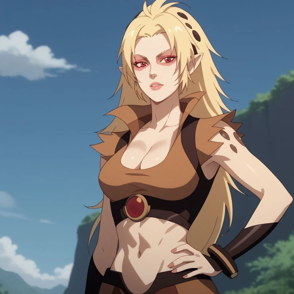 score_9, score_8, score_9, solo, cheetara, blonde hair, long hair, red eyes, pointy ears, midriff, cleavage, hands on hips,