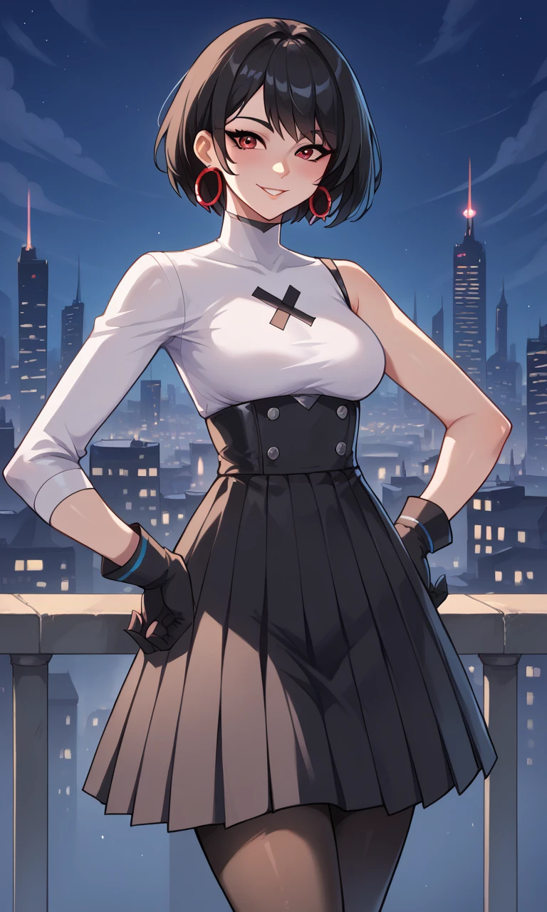 score_9, score_8_up, score_7_up, score_6_up, source_anime, BREAK masterpiece, EvieSyn, short hair, hoop earrings, brown eyes, white turtleneck, black skirt, gloves, asymmetrical sleeves, long sleeve, short sleeve, pantyhose,  looking at viewer, cityscape, night, breasts, seductive smile, hand on own hip,