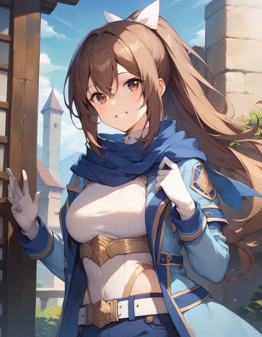 score_9,score_8_up,score_7_up,score_6_up,official art,solo,outdoors,upper body,(portrait:1.5),looking at viewer,facing viewer,smile,Sally,long hair,brown hair,high ponytail,hair bow,hair ribbon,white ribbon,hair between eyes,bangs,brown eyes,blue scarf,blue coat,open clothes,open coat,breastplate,white leotard,long sleeves,white gloves,medium breasts,skindentation,white belt,blue shorts,zettai ryouiki,white thighhighs,boots,blue footwear,<lora:Sally(bofuri)-Pony:1.2>,<lora:Smooth Anime Style LoRA XL>,