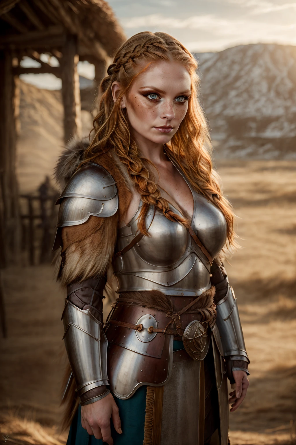 cinematic RAW photo, professional, 4k, highly detailed, masterpiece, beautiful woman, pretty eyes, cinematic lighting, cute, (medium shot),
long ((braided)) ginger hair, blue eyes, freckles, busty body, pale skin, outdoor viking village background, (((viking clothes, fur, armor, makeup))),
<lora:Gingerella:0.9>