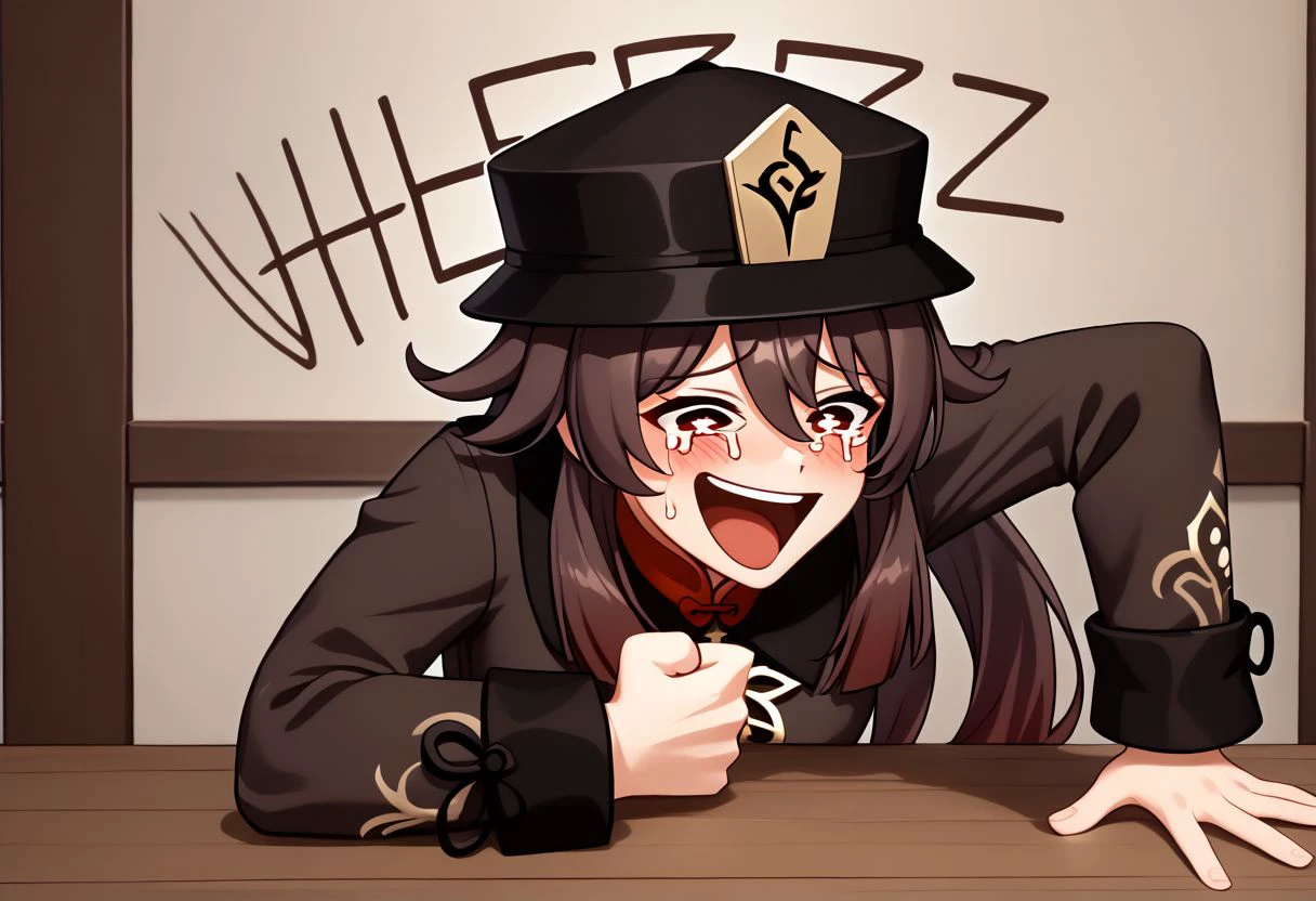 Wheeze, open mouth, tears, laughing, HuTao_DskFll, 1girl, solo, long hair, blush, brown hair, long sleeves, hat, hair between eyes, tears, black headwear, crying, meme, hu tao (genshin impact), hand on table, english text, clenched hand, indoors BREAK PonyXLV6_Scores