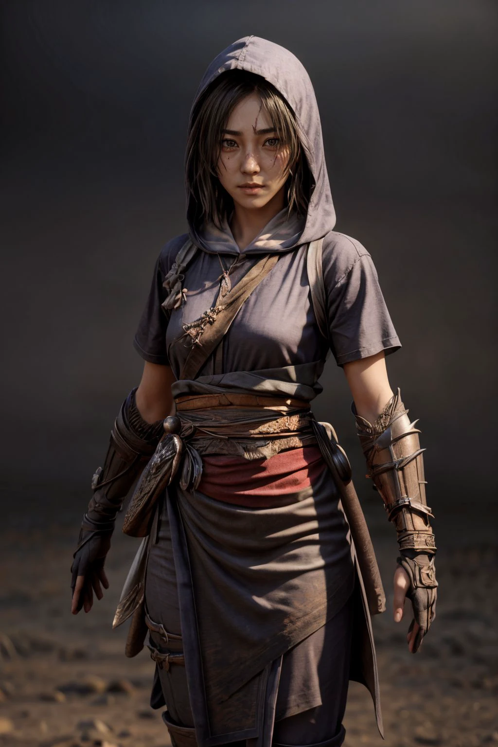 solo, (medium), holding, weapon, 3d, 1girl, Naoe, sword, black hair, realistic, looking at viewer, gloves, sheath, hood, standing, sheathed,  gradient background,  simple background, red background, scar, vambraces, arm guards, sash, belt, scar on face, pouch (ultra detailed skin:1.3), (perfect eyes), (photorealistic:1.2),8k, dslr, (bokeh), ultra high res,  <lora:add_detail:1> <lora:Naoe_ACShadows:0.8>