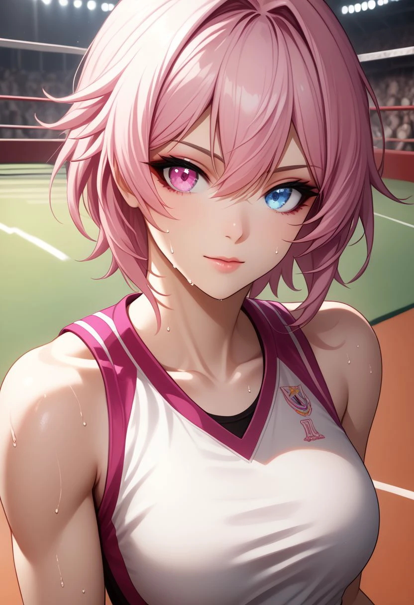 EnD_Niji_Sports, 1girl, march_7th_\(honkai:_star_rail\), pink_hair, blue eyes, pink eyes, heterochromia, multicolored eyes, medium_breasts, hair_between_eyes, collarbone, upper body, shirt, bare shoulders, closed mouth, sweat, sleeveless, makeup,  sportswear, wrestling uniform, looking at viewer, dynamic angle, sitting BREAK PonyXLV6_Scores