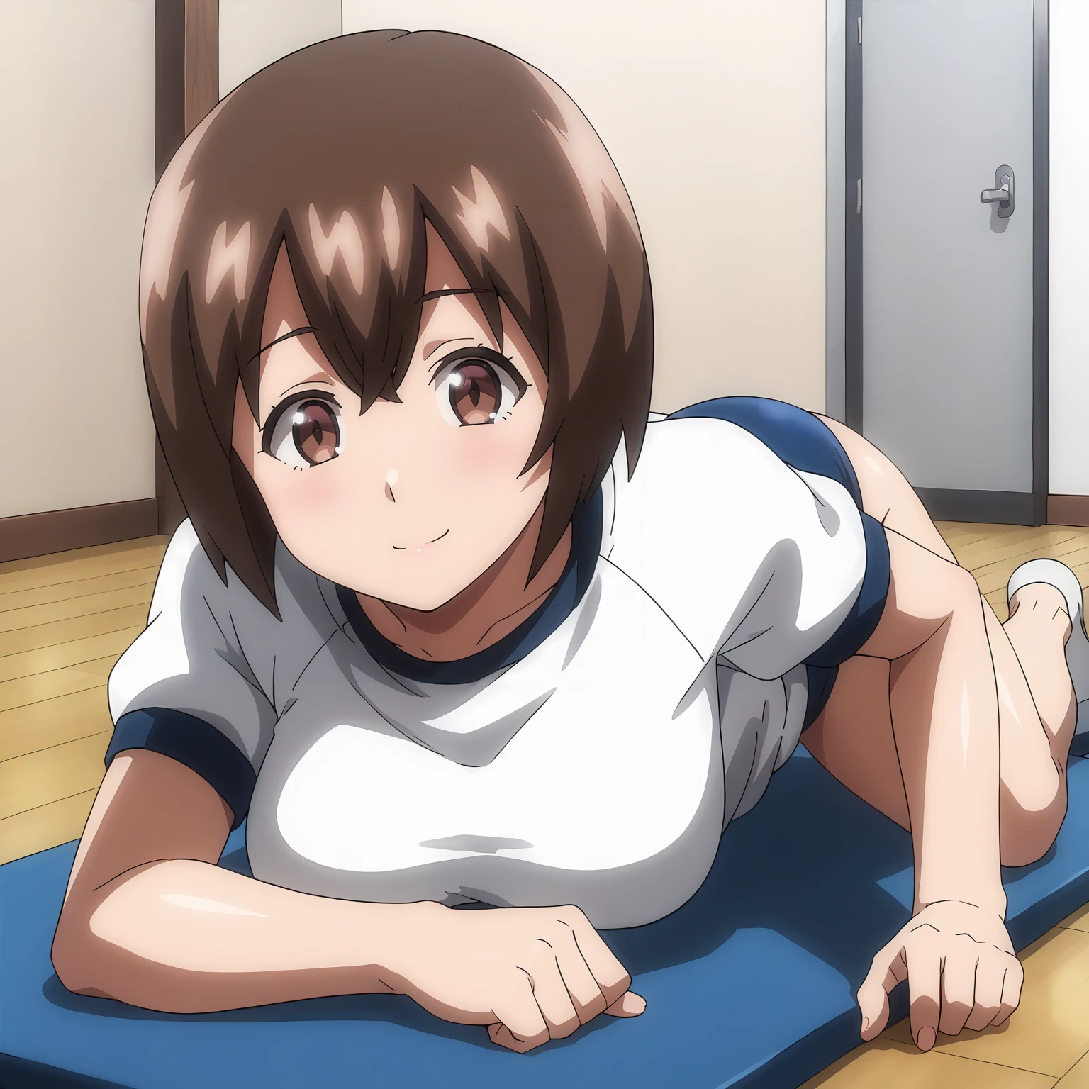 <lora:KomusumeXLpony001>,
looking at viewer,smile,
solo,
Komusume,1girl,brown hair,short hair,brown eyes,
large breasts,
gym shirt,white shirt,
buruma,
full body,on stomach,the_pose,