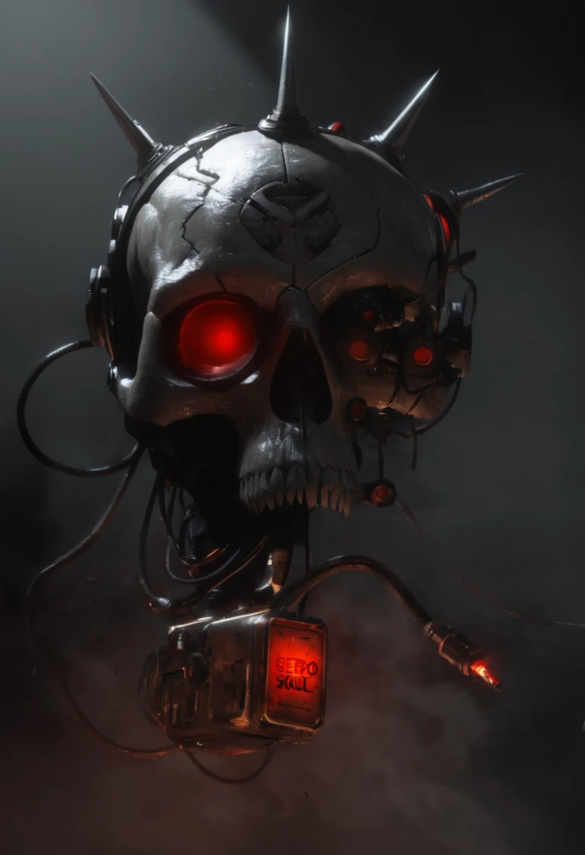 A 3D rendering of a servo-skull. The skull is metallic and has a glowing red eye. It is surrounded by a halo of spikes and has various wires and cables attached to it. The background is dark grey. By Michal Svec.
Unreal Engine 5, realistic, gritty, grimdark, complex lighting, ray tracing, dynamic composition, physically based rendering, soft shadows, extremely detailed, 
 <lora:Servo-Skull:1>