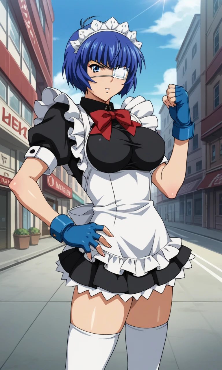 score_9, score_8_up, score_7_up,  source_anime, anime_screencap,  intricate details,  <lora:ryomou_shimei:1>, ryomoxl, short hair, blue hair, medical eyepatch, one mole under mouth, blue eyes, large breasts, maid headdress, maid, maid apron,white apron, blue gloves, fingerless gloves, red neck ribbon, white_thighhighs, street, city, fighting stance, fighting, serious,