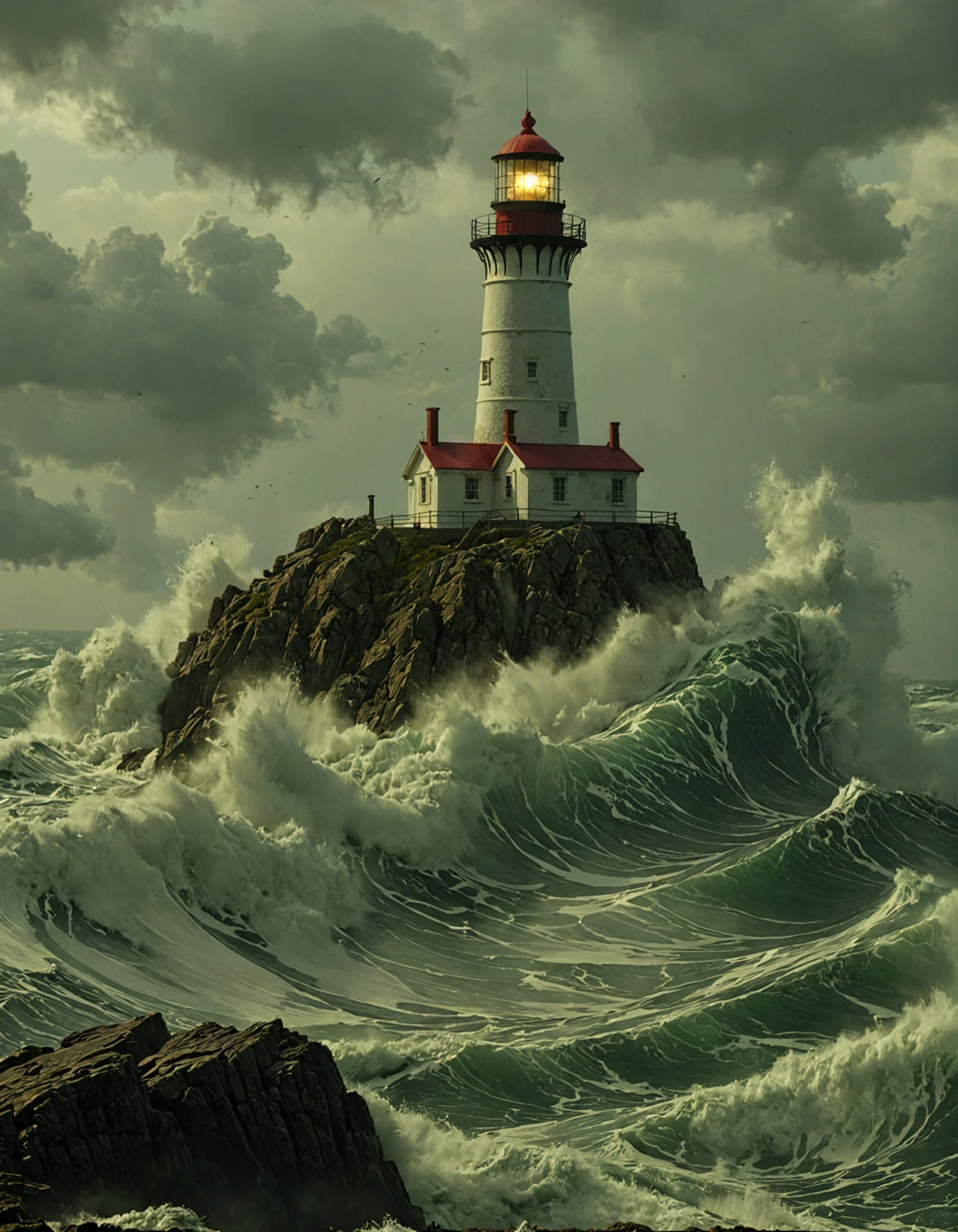 photo realistic picture waves pounding a light house on a rock in the middle of the ocean, 8k, masterpiece, dramatic lighting