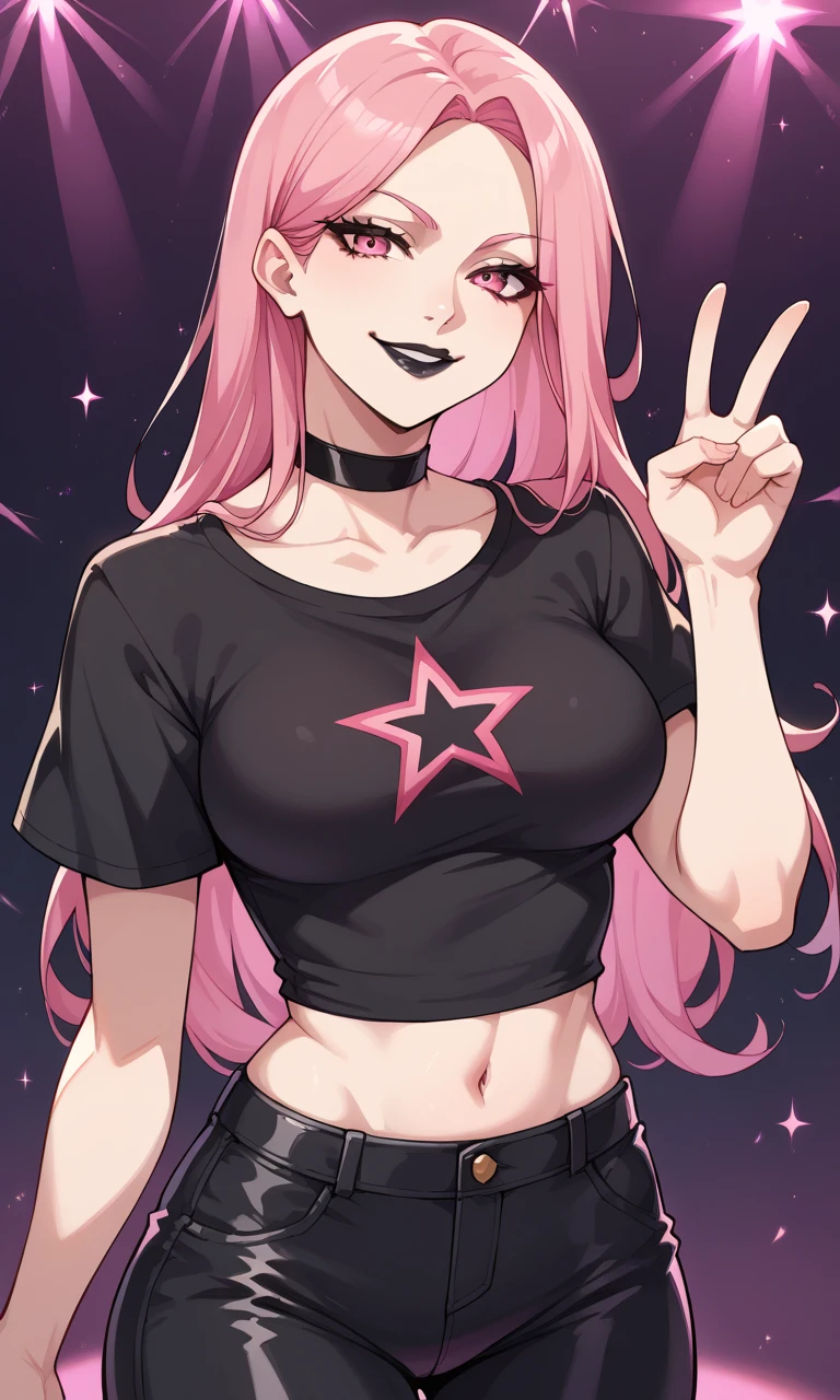 score_9, score_8_up, score_7_up, score_6_up, source_anime, BREAK masterpiece, HazeFN, pink hair, black lipstick, pink eyes, black shirt, short sleeves, midriff, leather pants, choker, star print,long hair,  breasts, looking at viewer,  \m/, hand gesture, stage lights, pink lights, smirk, parted bangs,