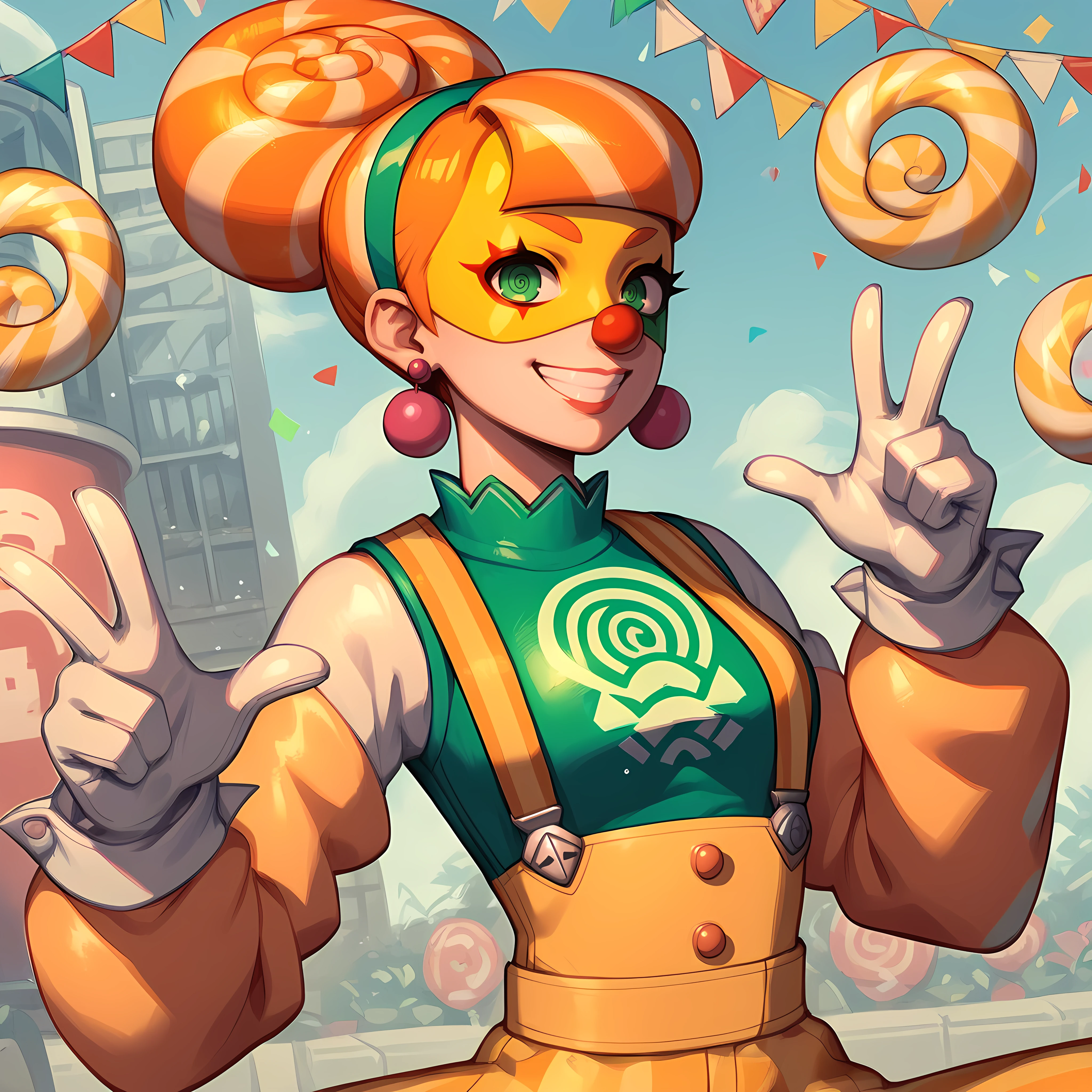 score_9,score_8_up,score_7_up,score_6_up,source_anime,rating_questionable, 1girl, solo, carnival setting, suspenders pull, pulling suspenders, <lora:Lola_Pop_-_ARMS:0.7> lolapop_arms, spiral arms, earrings, smile,yellow mask, orange hair, gloves, makeup, green eyes, suspenders, hair bun, polka dots, clown, zPDXL2,