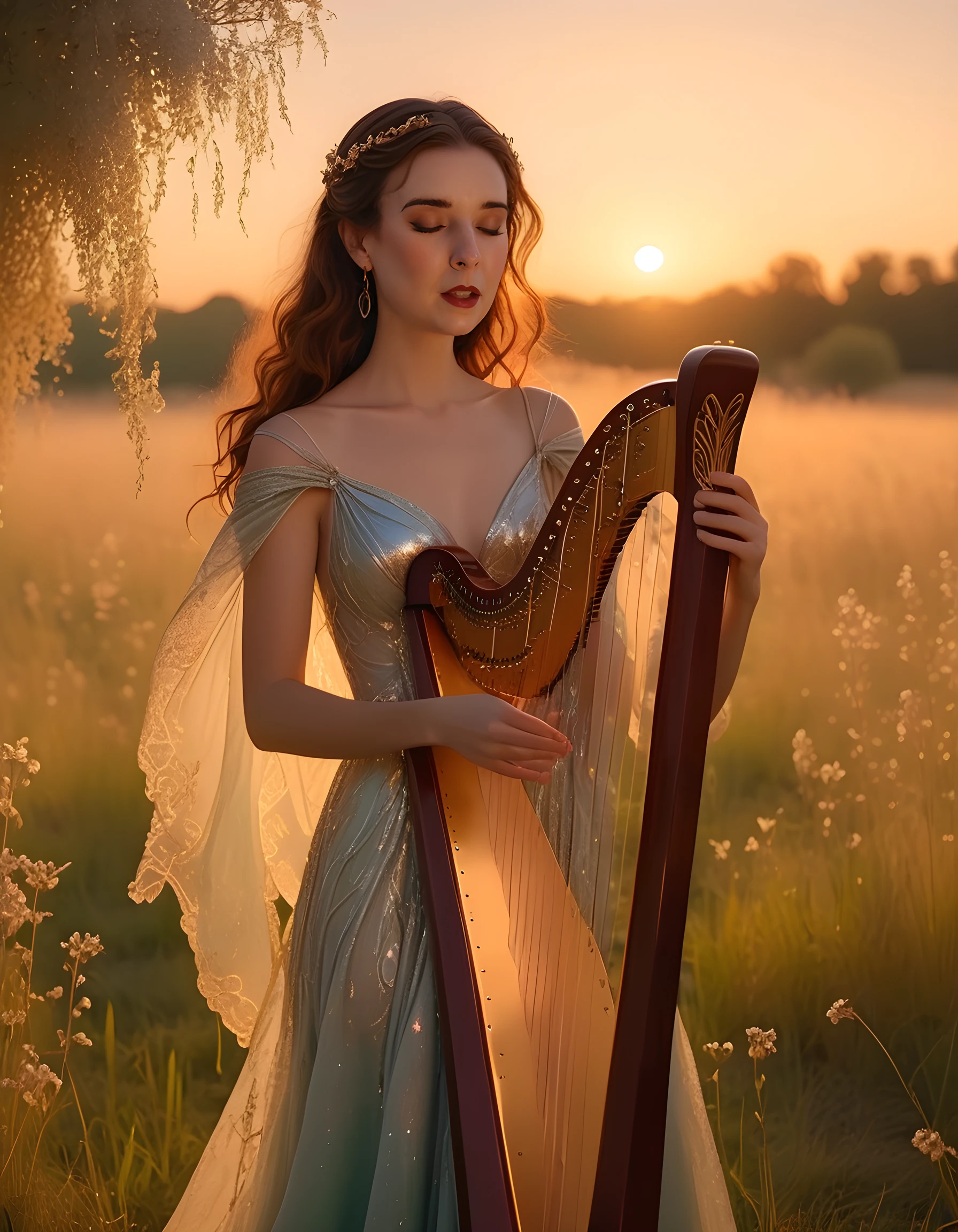 Jade In the soft, dappled glow of a setting sun, standing alone in the ethereal meadow, a lone girl with brown eyes and parted lips, clad in a resplendent, iridescent gown that shimmers like stardust, plays a delicate harp adorned with celestial carvings.