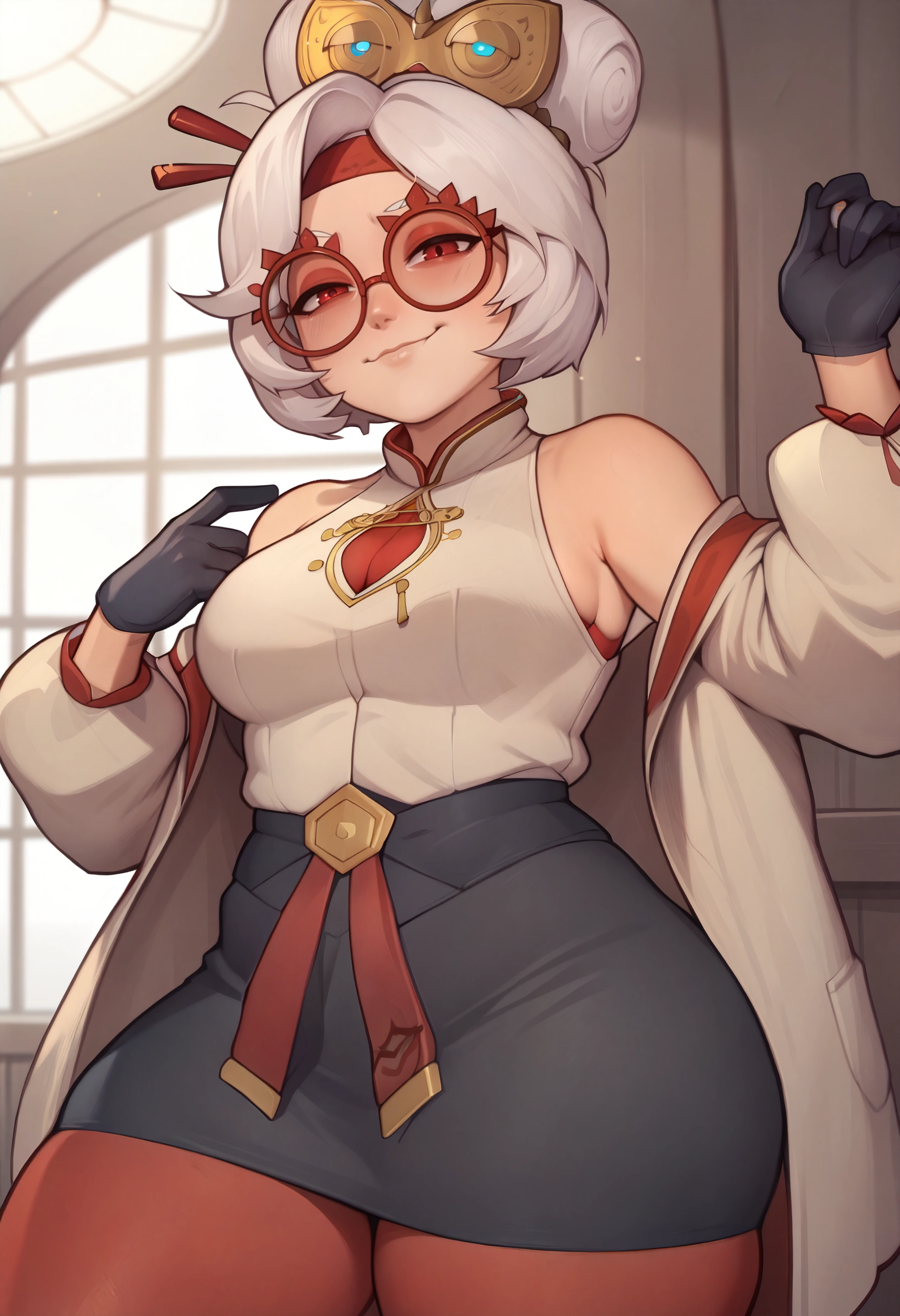 score_9, score_7_up BREAK 1girl, purah,hair ornament, red headband, red glasses, sleeveless shirt, white coat, black skirt, red leggings, gloves,looking at viewer,smug,closed mouth,thick thighs <lora:purah-pdxl-nvwls-v1:0.8> <lora:asura_pd:1>