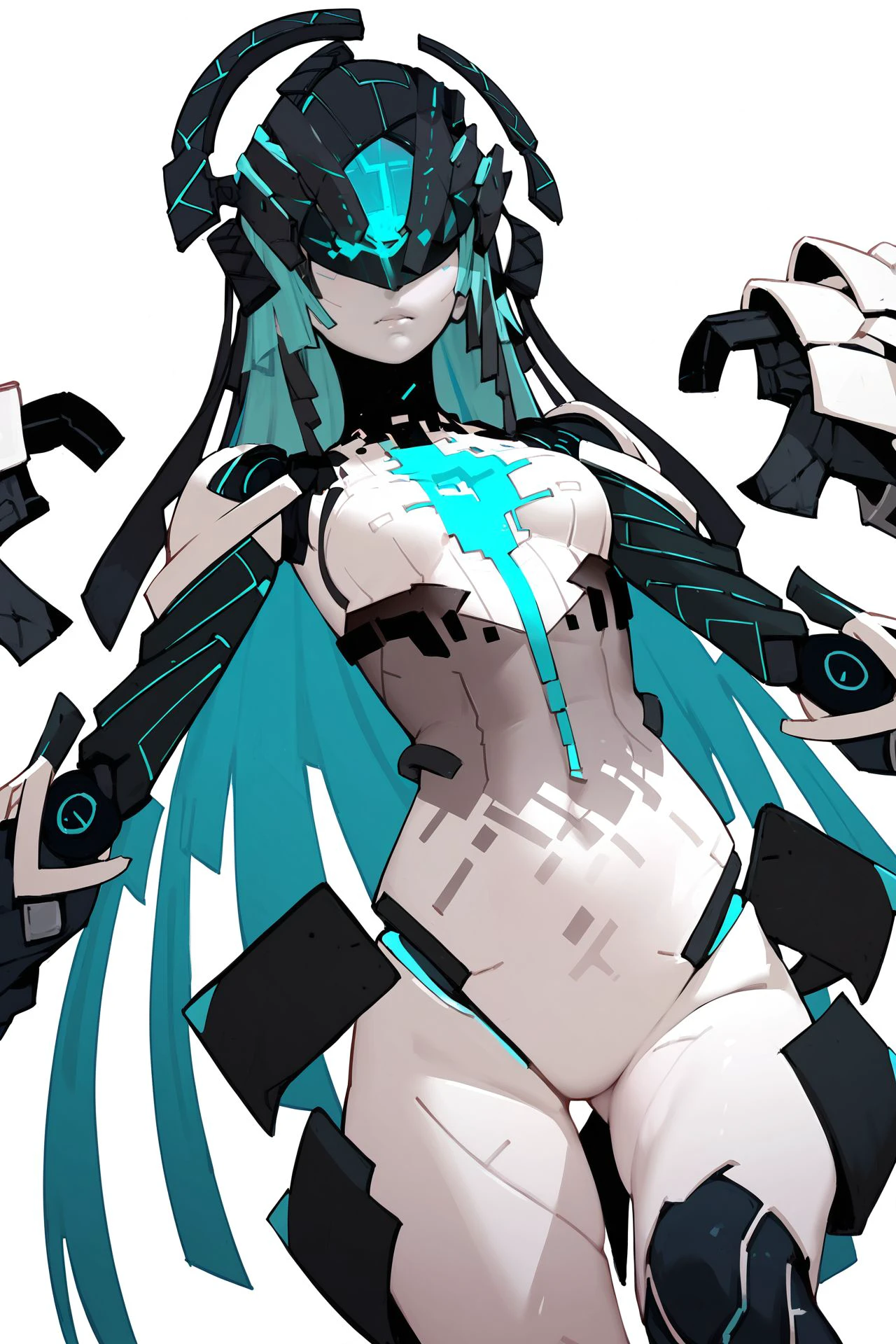 score_6_up, score_7_up, score_8_up, score_9, 1girl, solo,  <lora:sb-Ymir_PonyXL_cha_v01:0.65> sb-ymir, android, joints, pale_skin, covered_eyes, multiple_arms