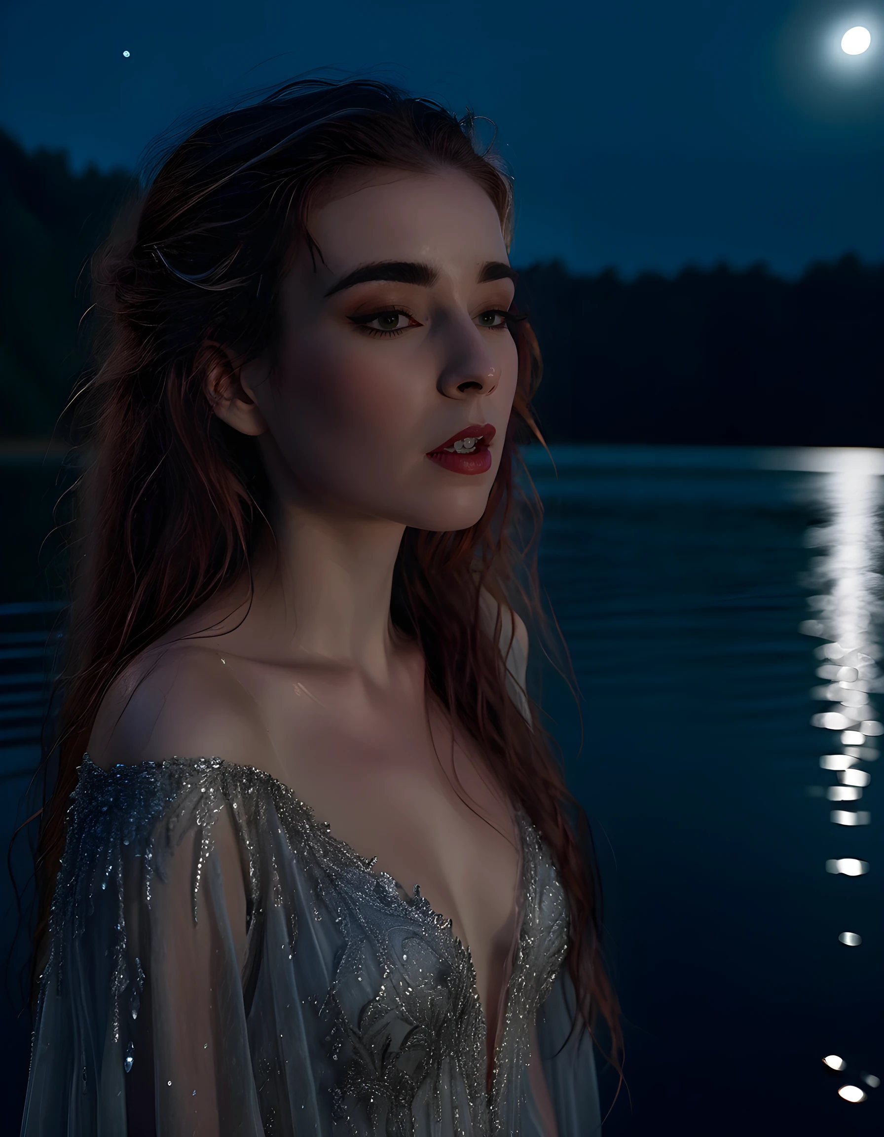 With a somber gaze and lips parted ever so slightly, Jade stands on the edge of the moonlit lake, her long brown hair cascading down her back like a waterfall of midnight silk, her eyes reflecting the shimmering silver threads that adorn her gown. The wind gently billows her dress, casting enchanting shadows upon the dew-kissed ground below as she gazes into the crystal clear water, lost in thought, her expression tinged with a touch of melancholy.